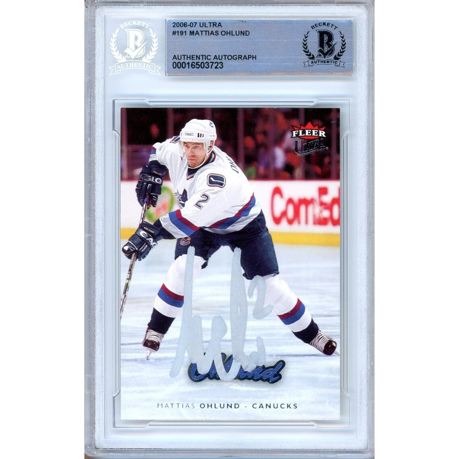Mattias Ohlund Vancouver Canucks autographed trading card – full view – Beckett COA