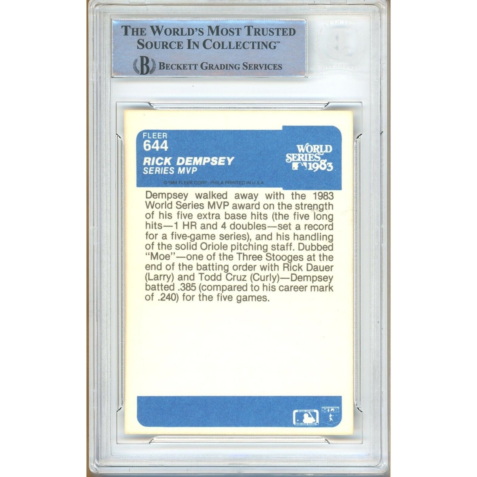 Rick Dempsey Baltimore Orioles signed trading card – signature close-up – Beckett COA