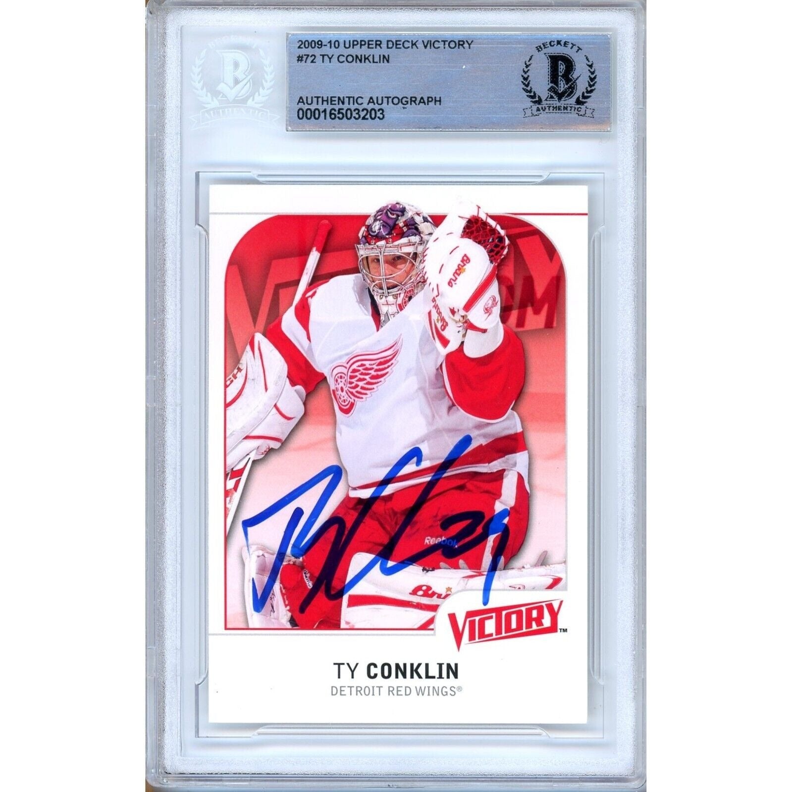 Ty Conklin Detroit Red Wings autographed trading card – full view – Beckett COA
