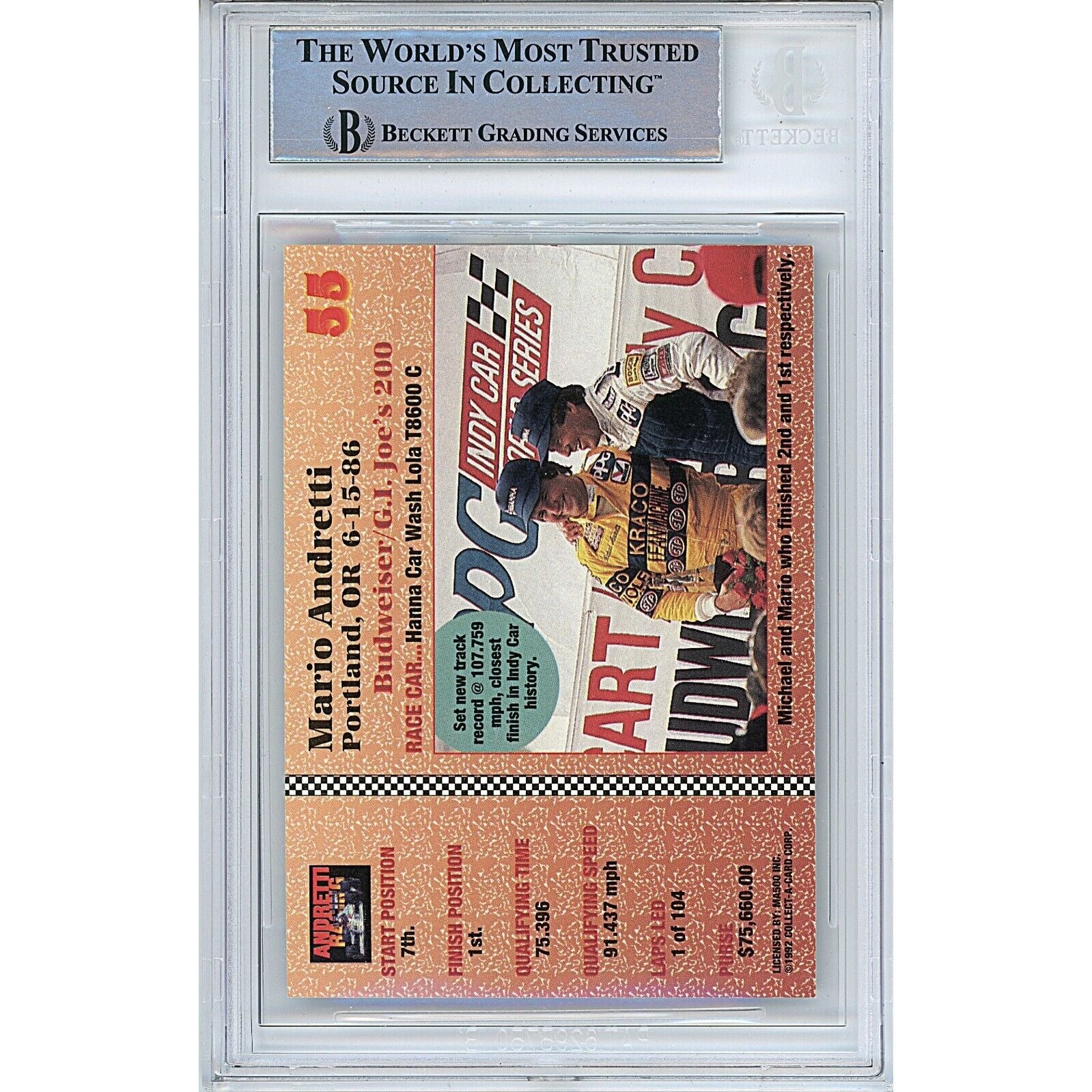 Mario Andretti auto trading card – authentication sticker – Beckett COA