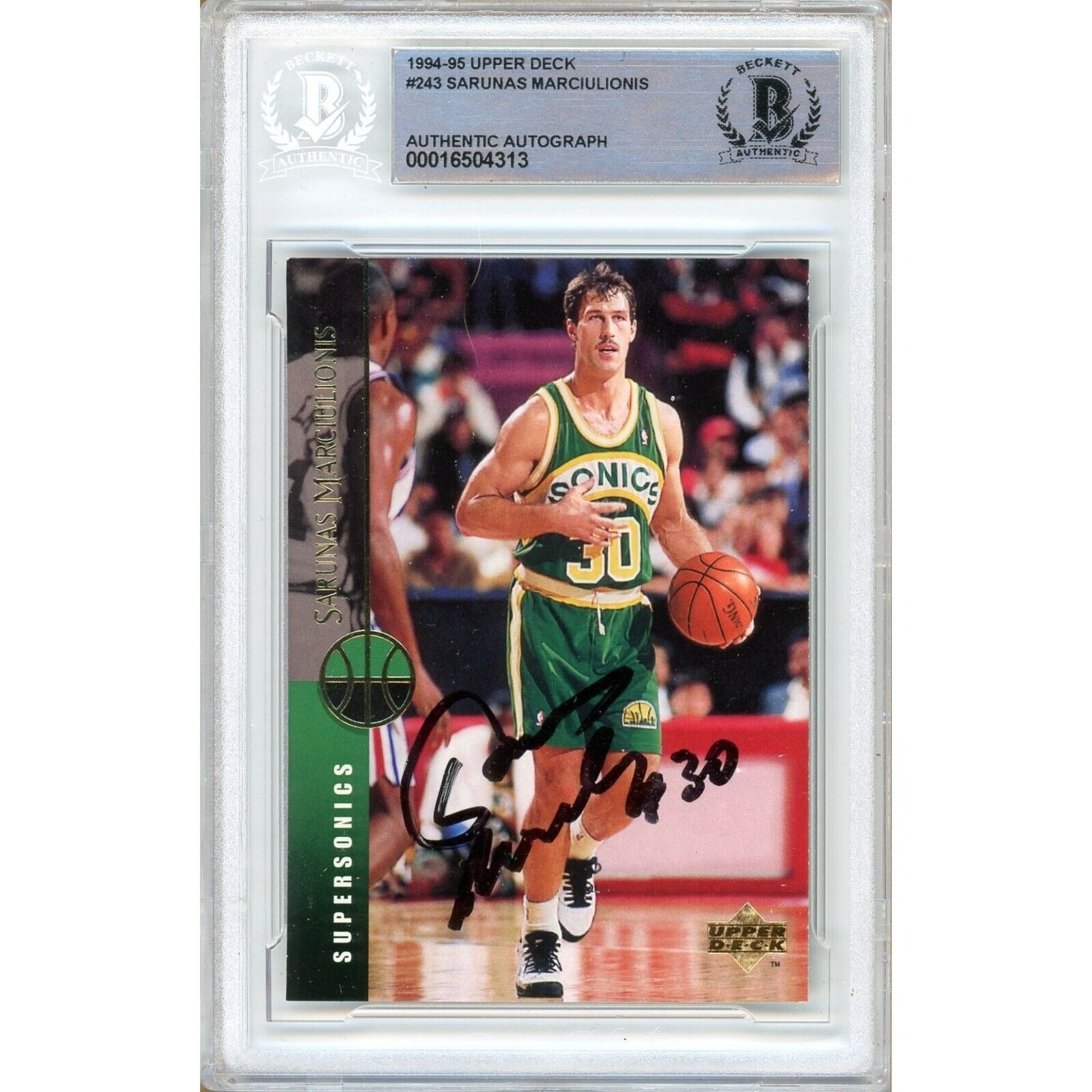 Sarunas Marciulionis Seattle Supersonics autographed trading card – full view – Beckett COA