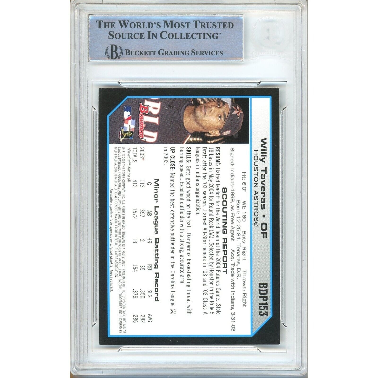 Willy Taveras Houston Astros auto trading card – authentication sticker – Beckett COA