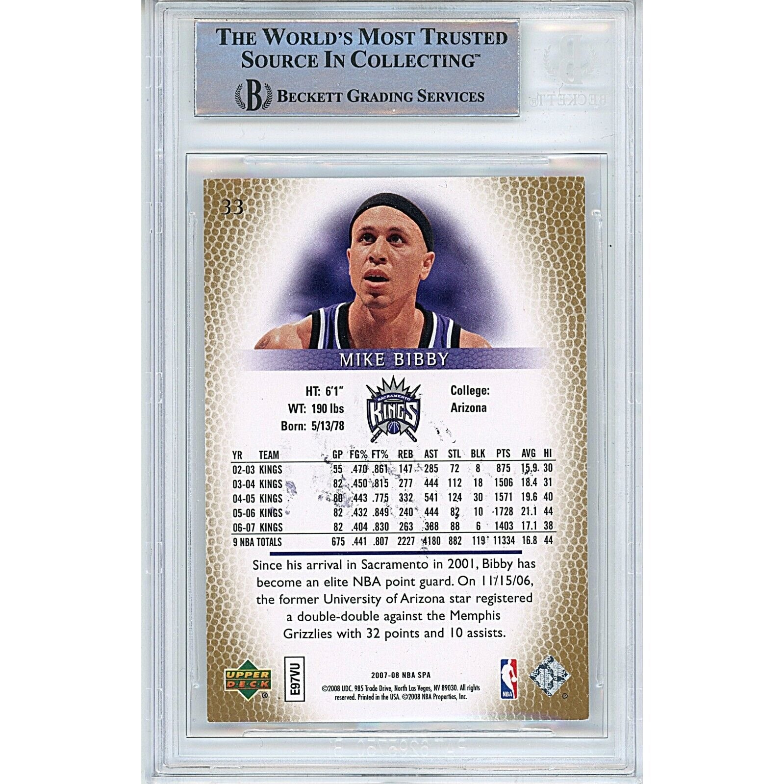 Mike Bibby Sacramento Kings signed trading card – signature close-up – Beckett COA