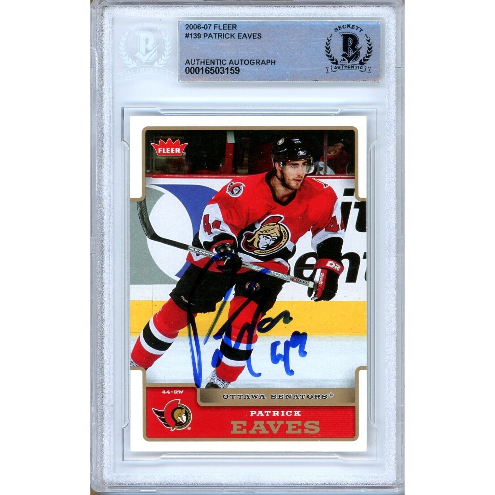 Patrick Eaves Ottawa Senators autographed trading card – full view – Beckett COA