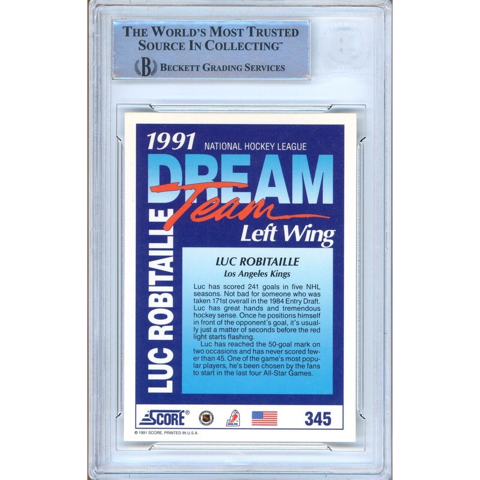 1991 Score #345 Luc Robitaille Los Angeles Kings Signed Trading Card – Beckett BAS.