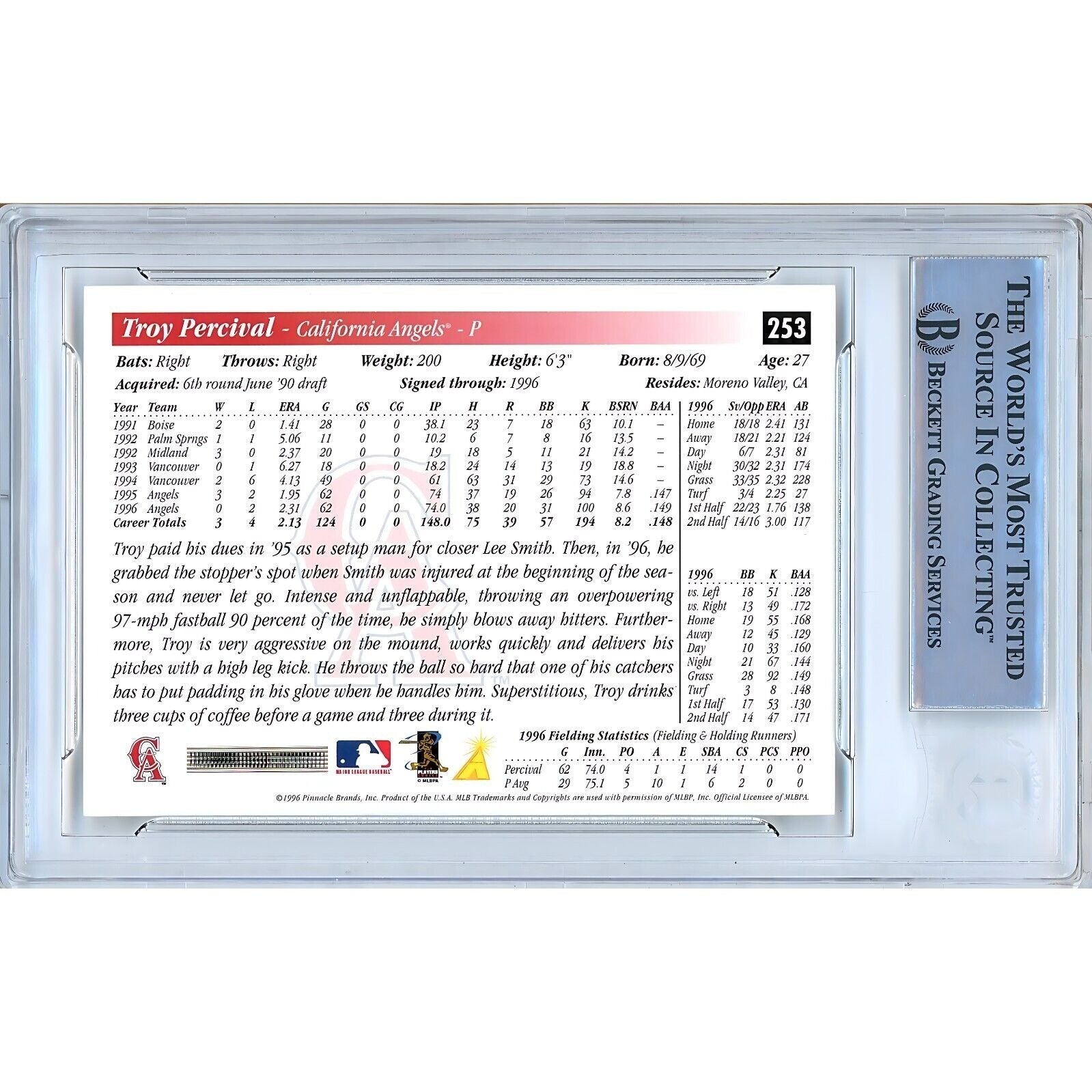 Troy Percival Anaheim Angels signed trading card – signature close-up – Beckett COA