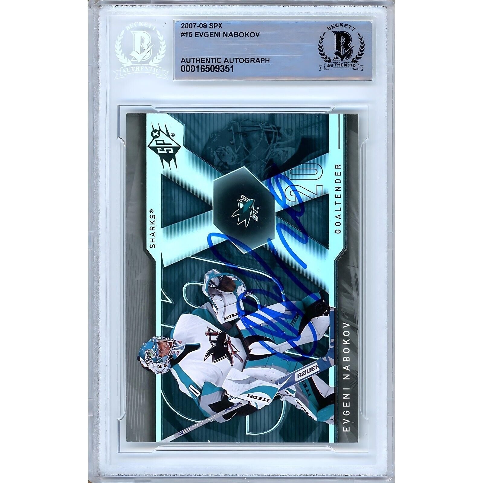 Evgeni Nabokov San Jose Sharks signed trading card – signature close-up – Beckett COA