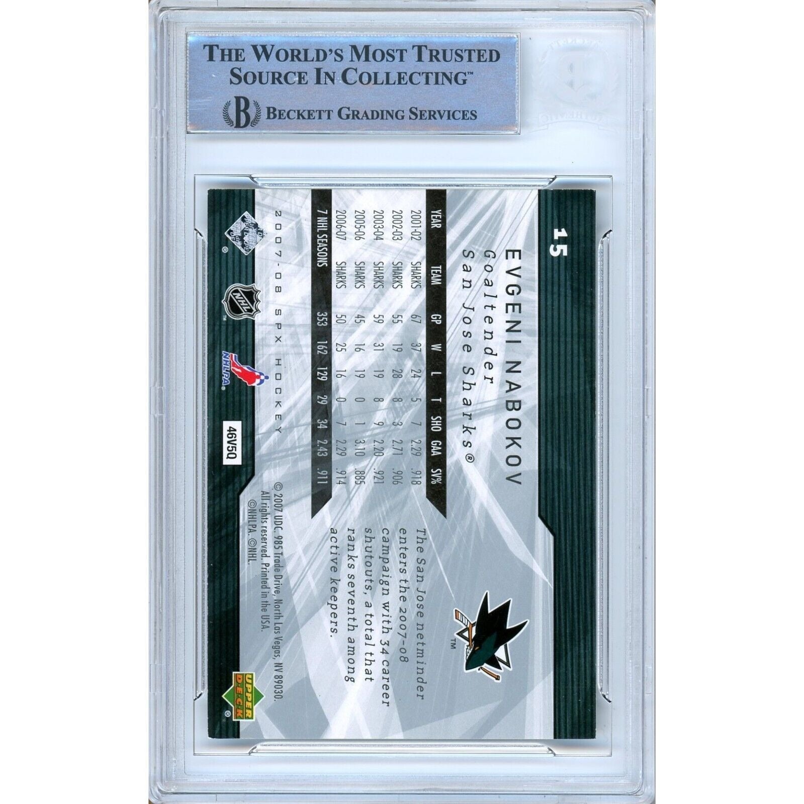 Evgeni Nabokov San Jose Sharks trading card autograph – angled display – Beckett COA