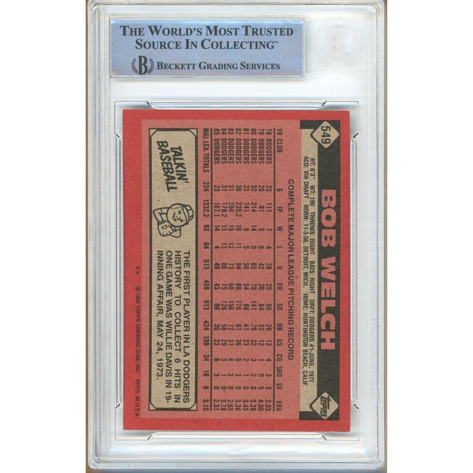 1986 Topps #549 Bob Welch Los Angeles Dodgers Autograph Trading Card – Beckett BAS