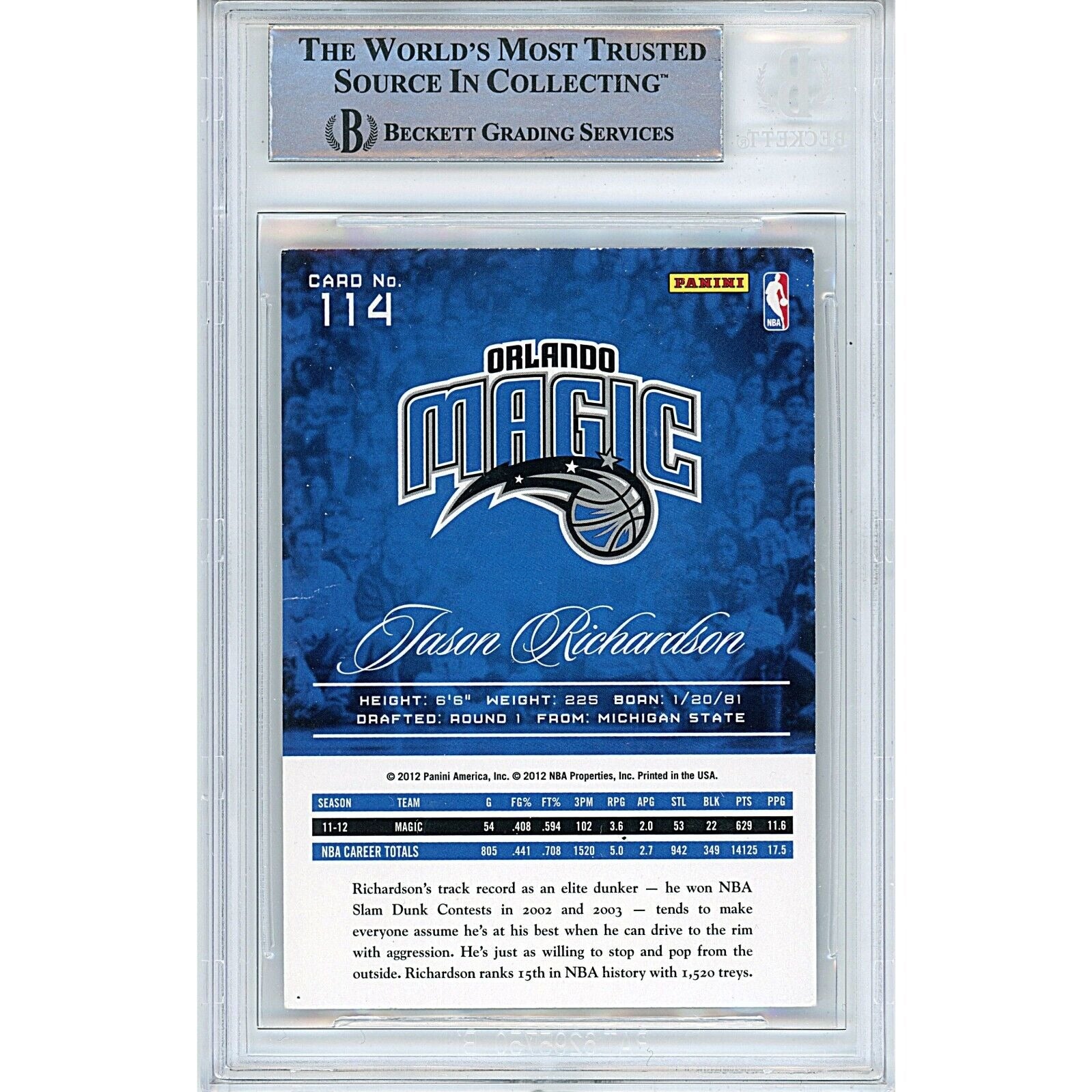 Jason Richardson Orlando Magic signed trading card – signature close-up – Beckett COA