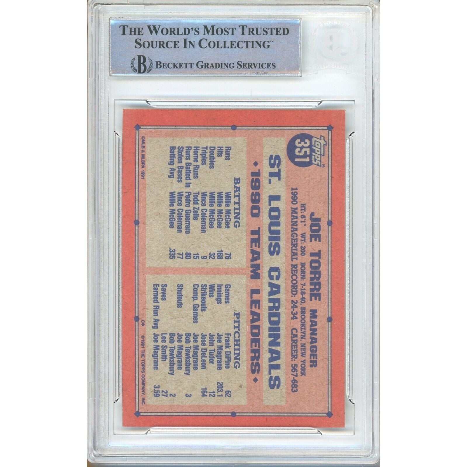 Joe Torre St Louis Cardinals Autograph Trading Card Beckett BGS