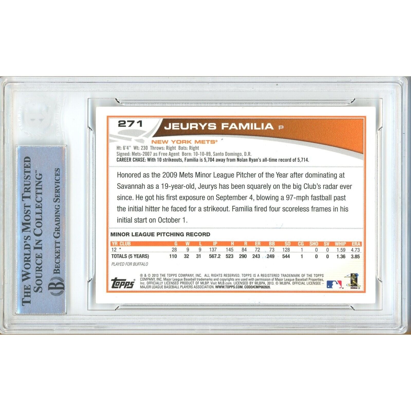 2013 Topps Jeurys Familia New York Mets Signed Trading Card – Beckett BAS