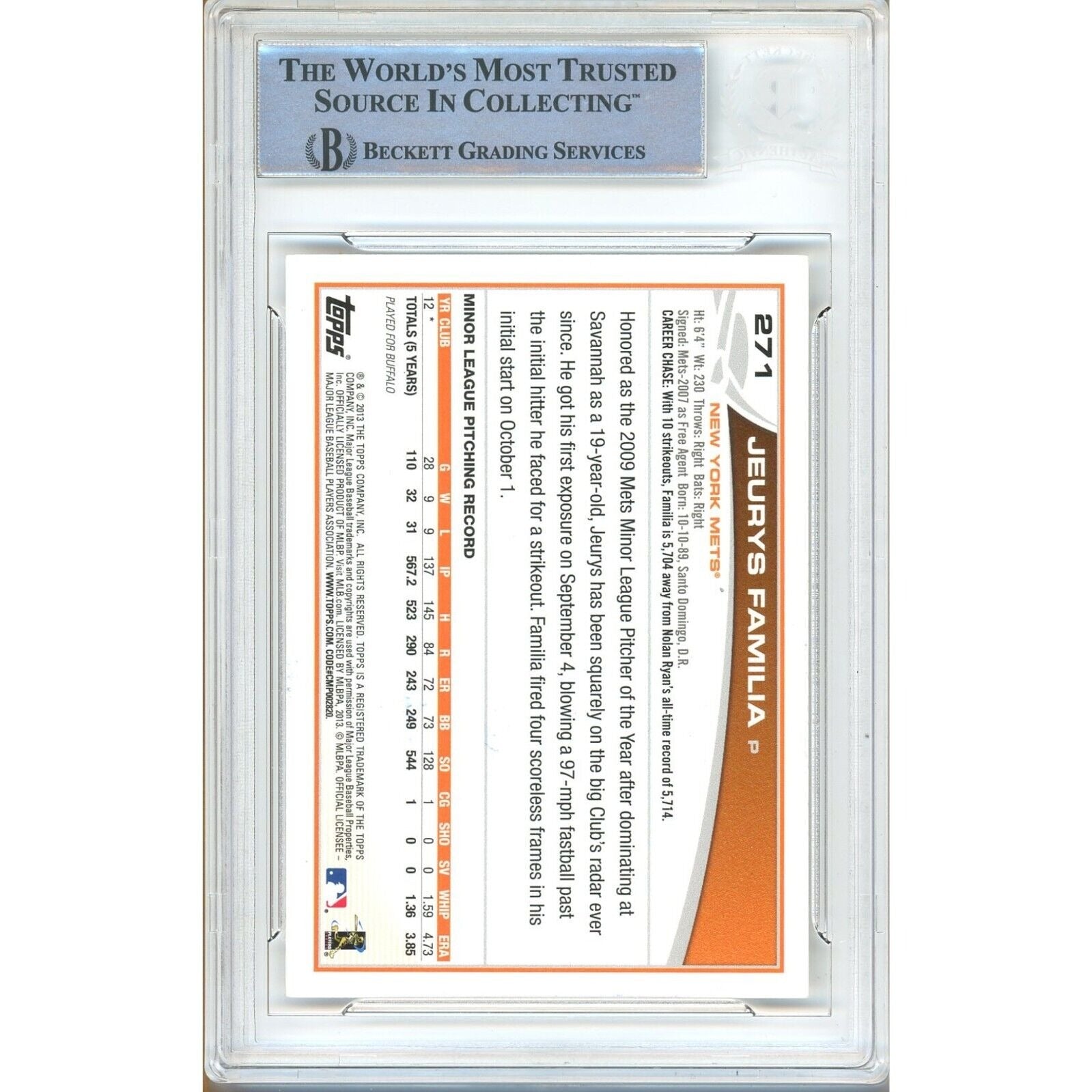 2013 Topps Jeurys Familia New York Mets Autograph Trading Card – Beckett BAS