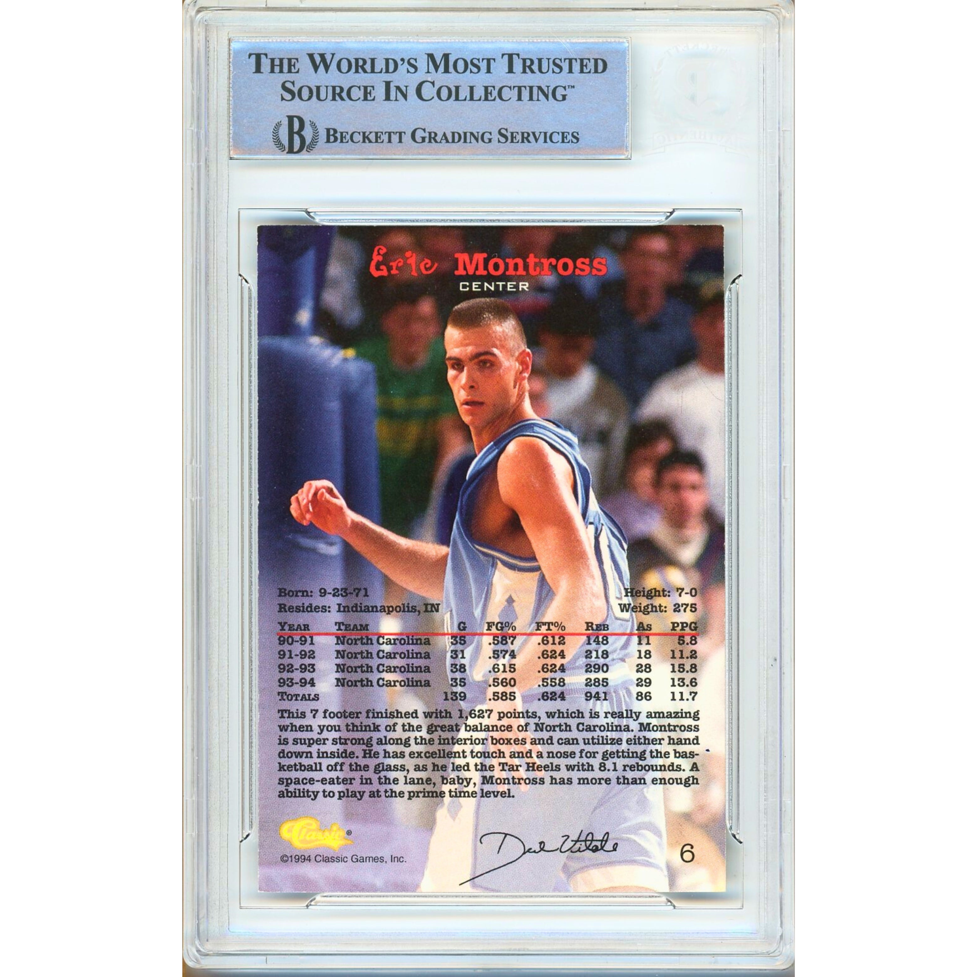 Eric Montross North Carolina Tar Heels signed trading card – signature close-up – Beckett COA
