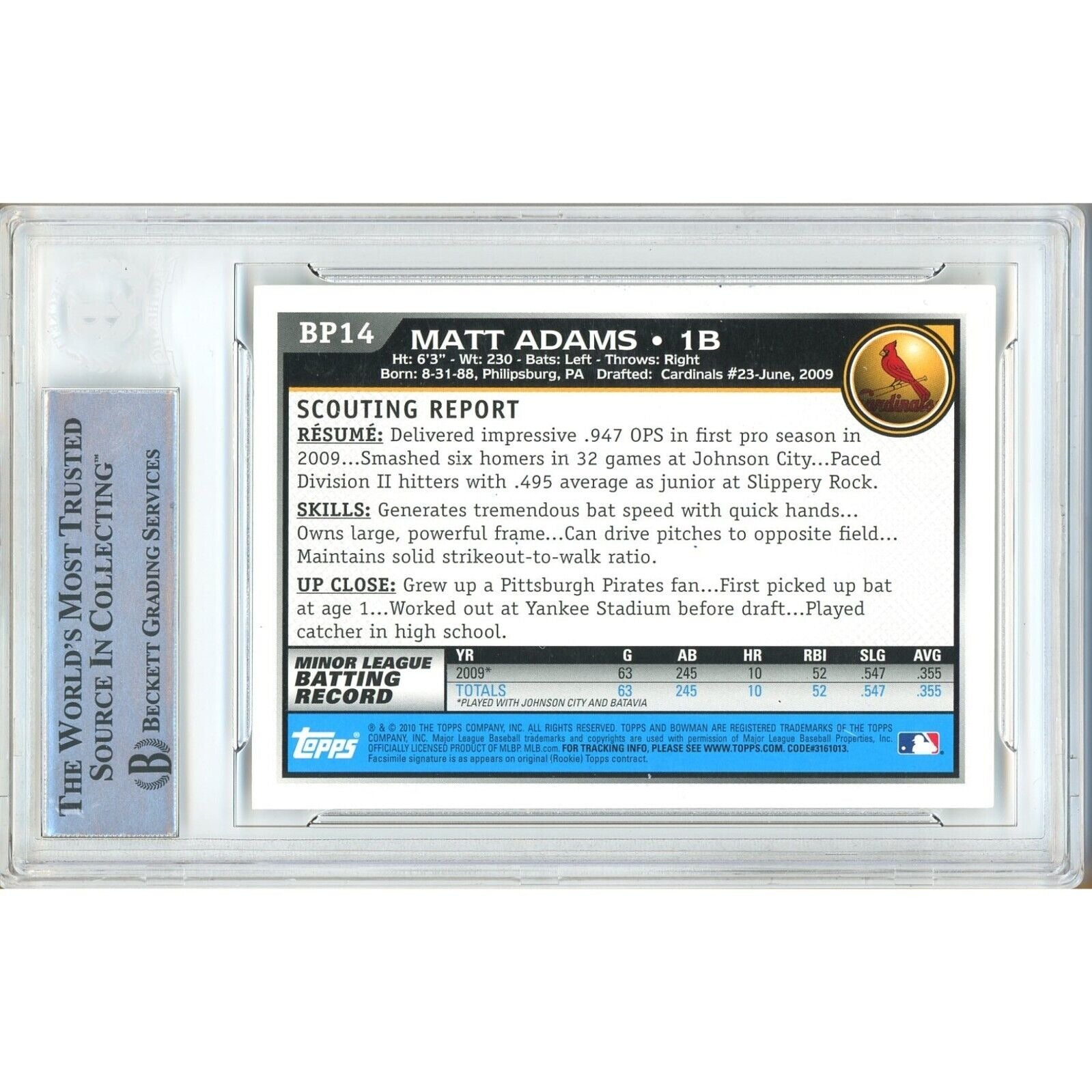 Matt Adams St Louis Cardinals signed trading card – signature close-up – Beckett COA