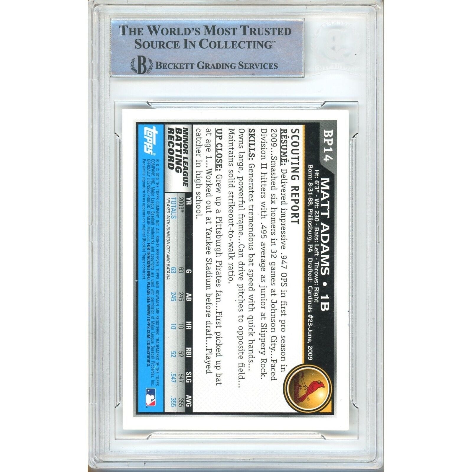 Matt Adams St Louis Cardinals auto trading card – authentication sticker – Beckett COA