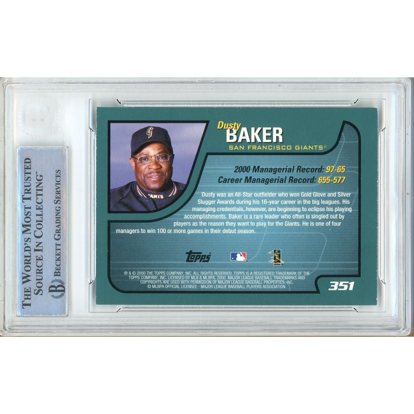 Dusty Baker San Francisco Giants signed trading card – signature close-up – Beckett COA