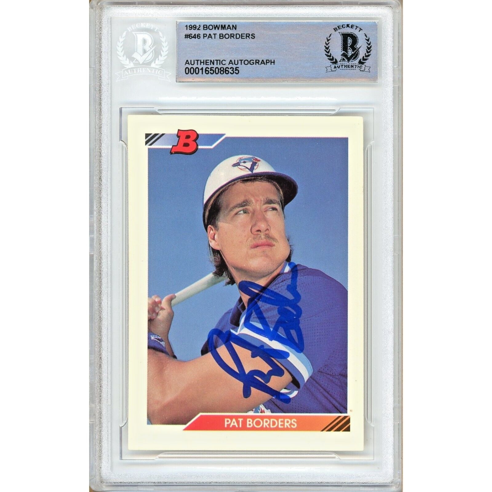 Pat Borders Toronto Blue Jays autographed trading card – full view – Beckett COA