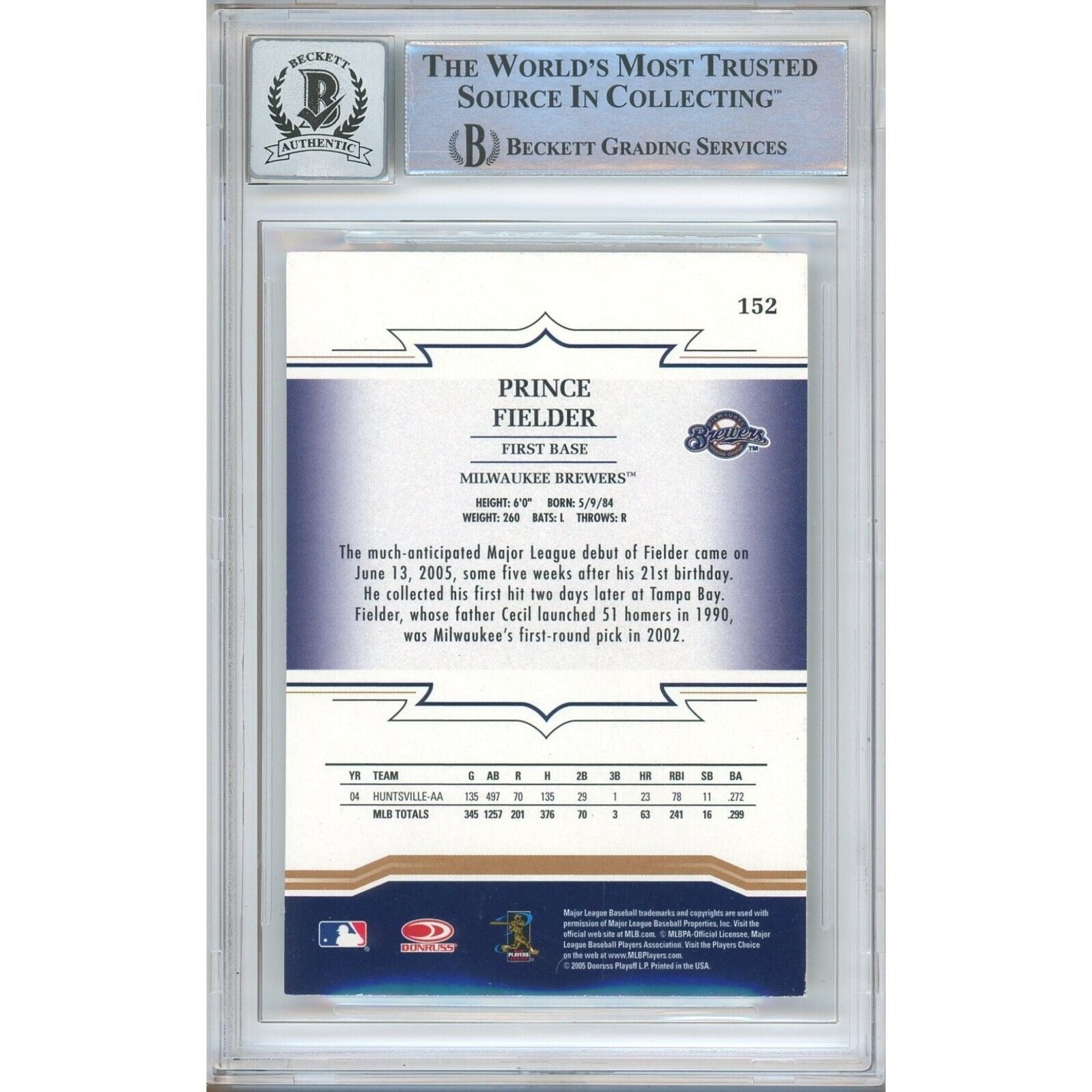 Prince Fielder Milwaukee Brewers signed trading card – signature close-up – Beckett COA