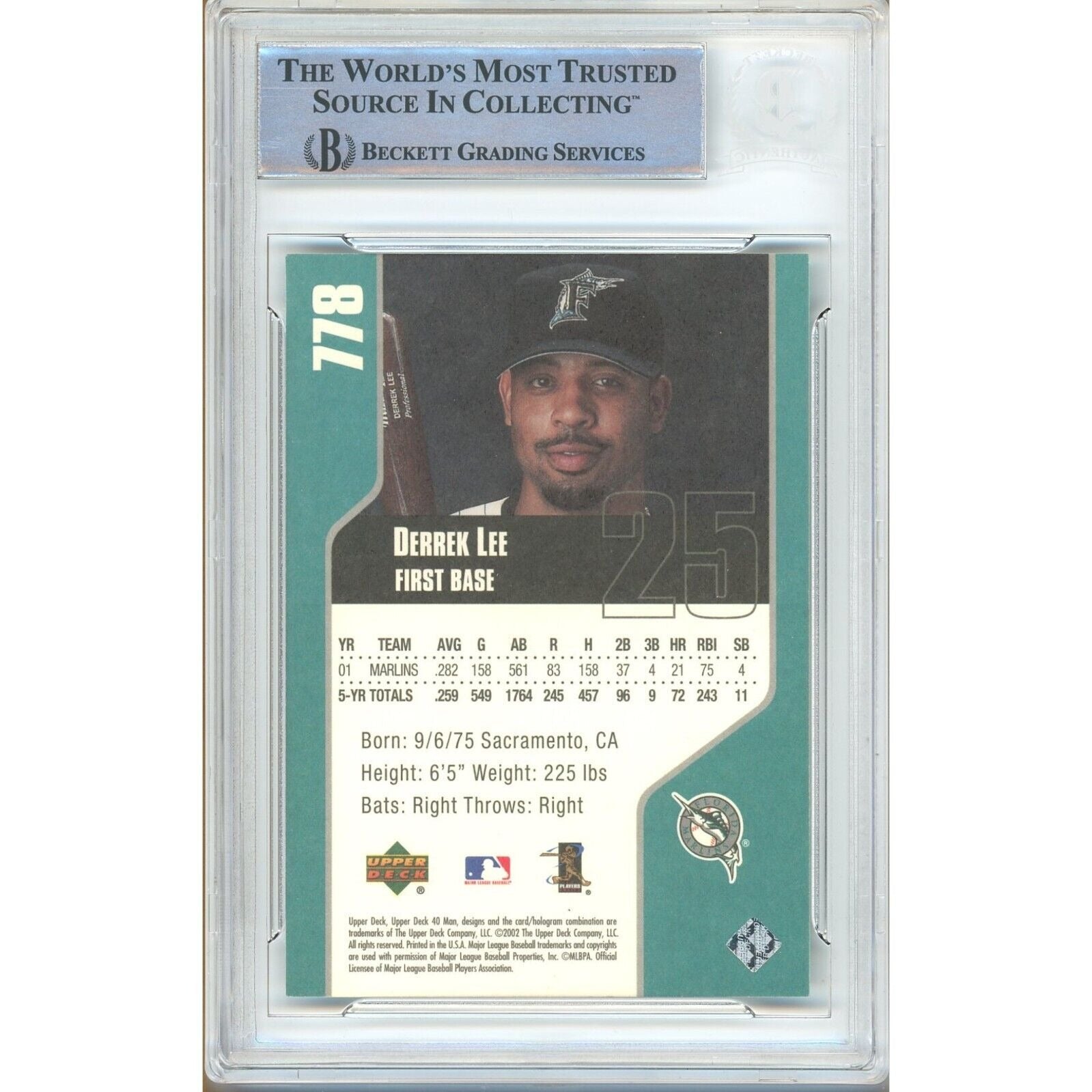 Derrek Lee Miami Marlins signed trading card – signature close-up – Beckett COA