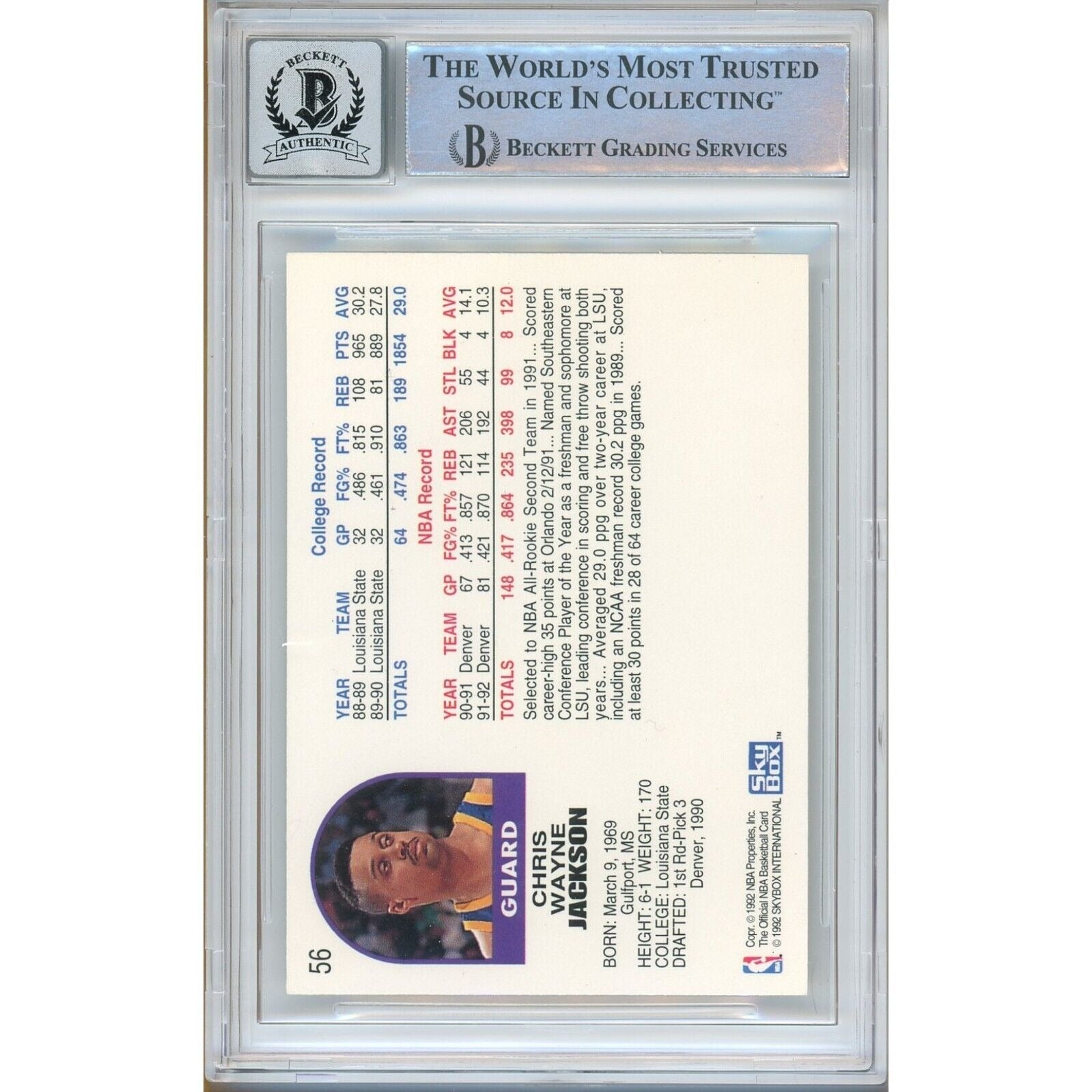 1992 #56 Chris Jackson Denver Nuggets Autograph Trading Card – Beckett BAS