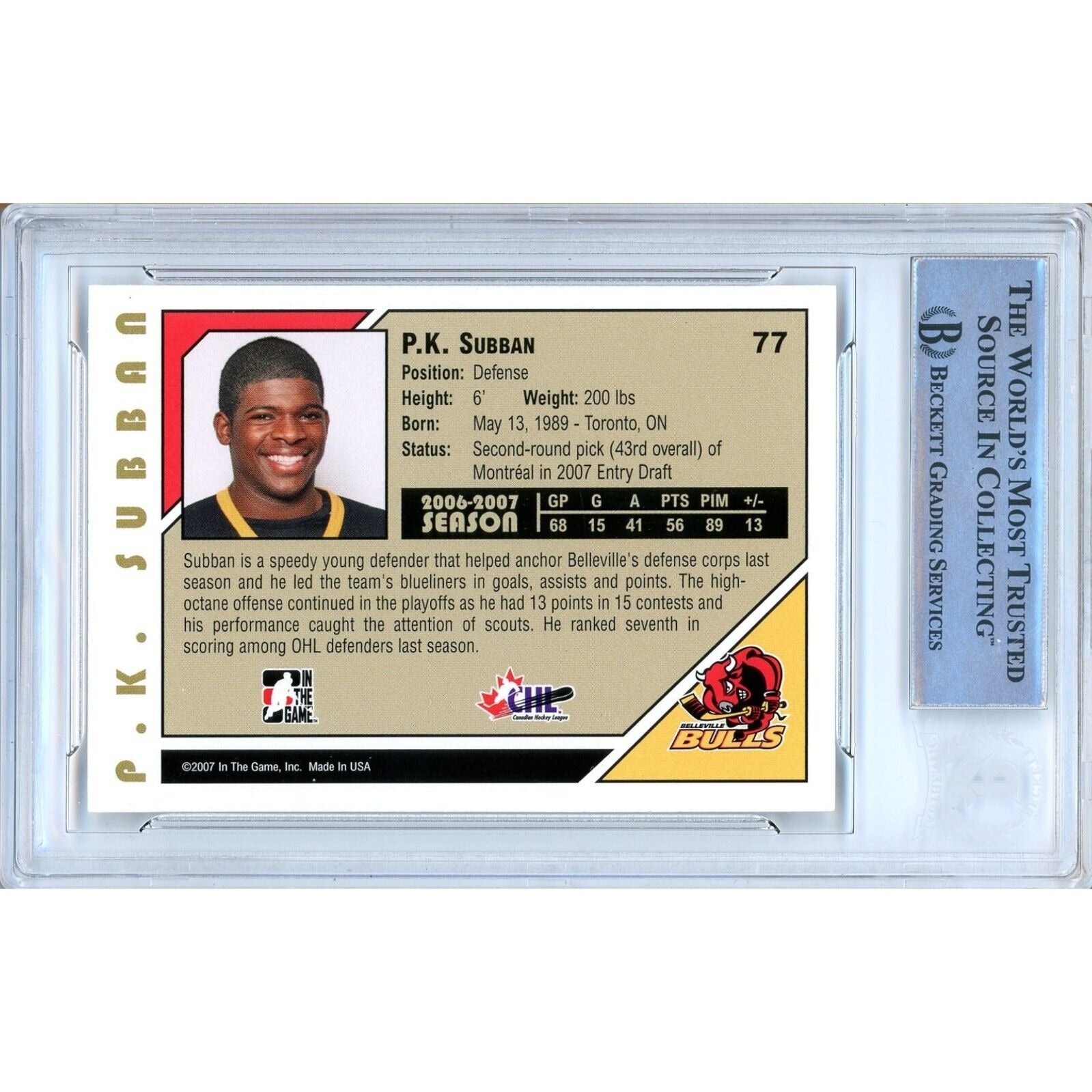 P.K. Subban Canadiens auto trading card – authentication sticker – Beckett COA
