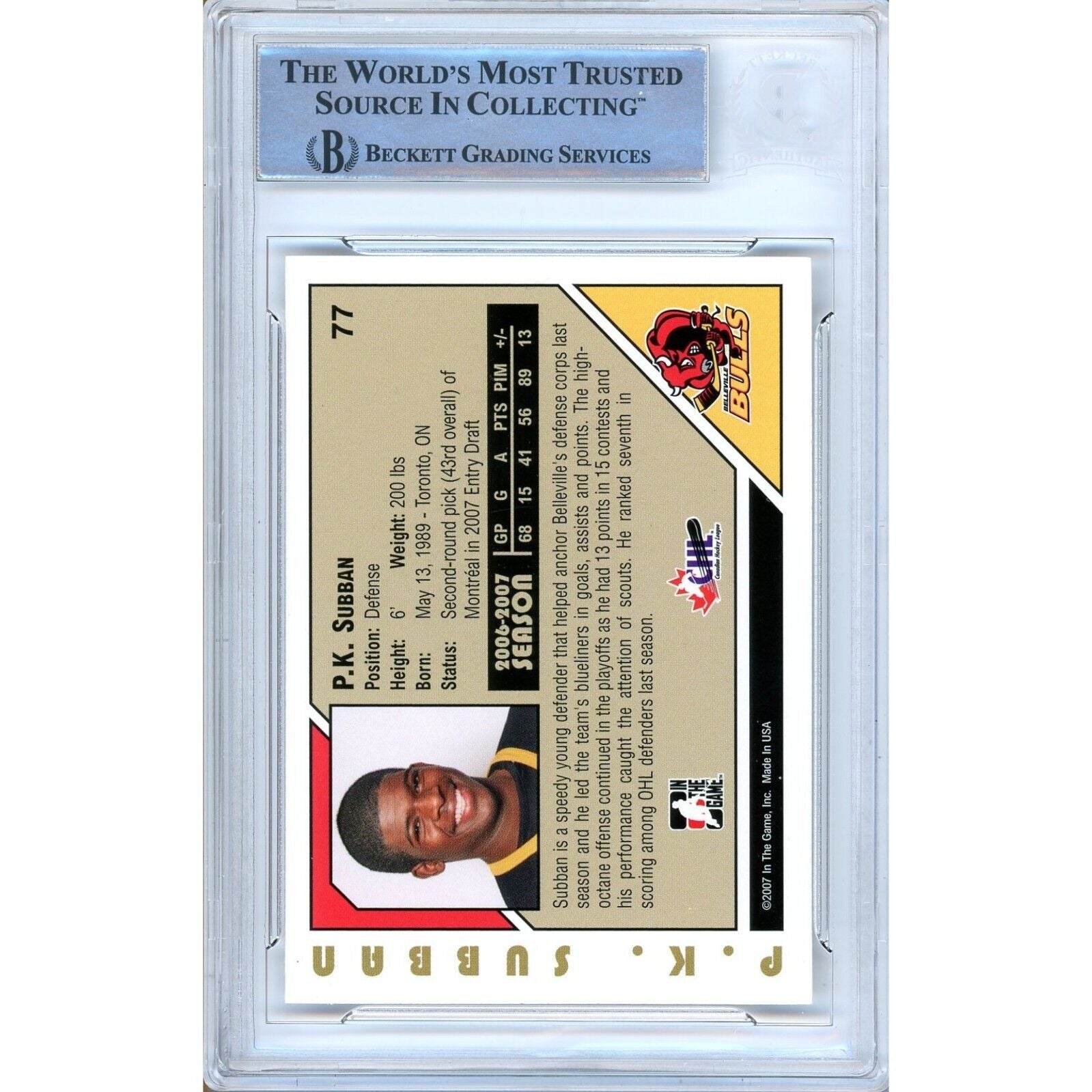 P.K. Subban Canadiens trading card autograph – angled display – Beckett COA