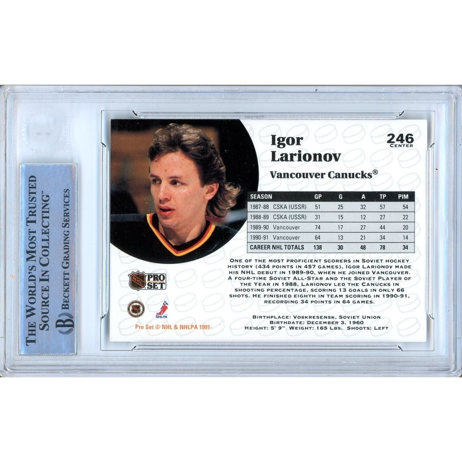 Igor Larionov Vancouver Canucks signed trading card – signature close-up – Beckett COA
