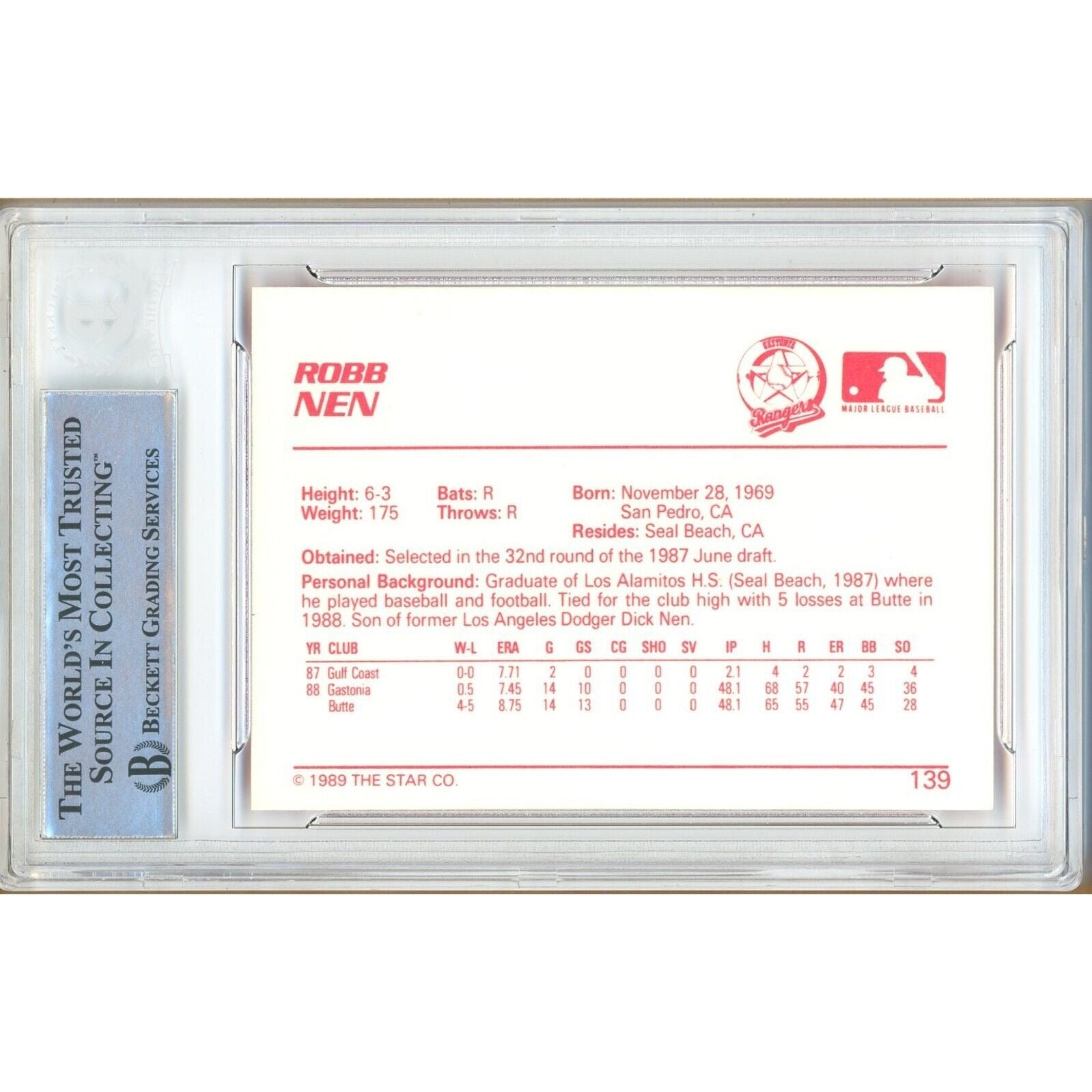 Robb Nen Texas Rangers signed trading card – signature close-up – Beckett COA