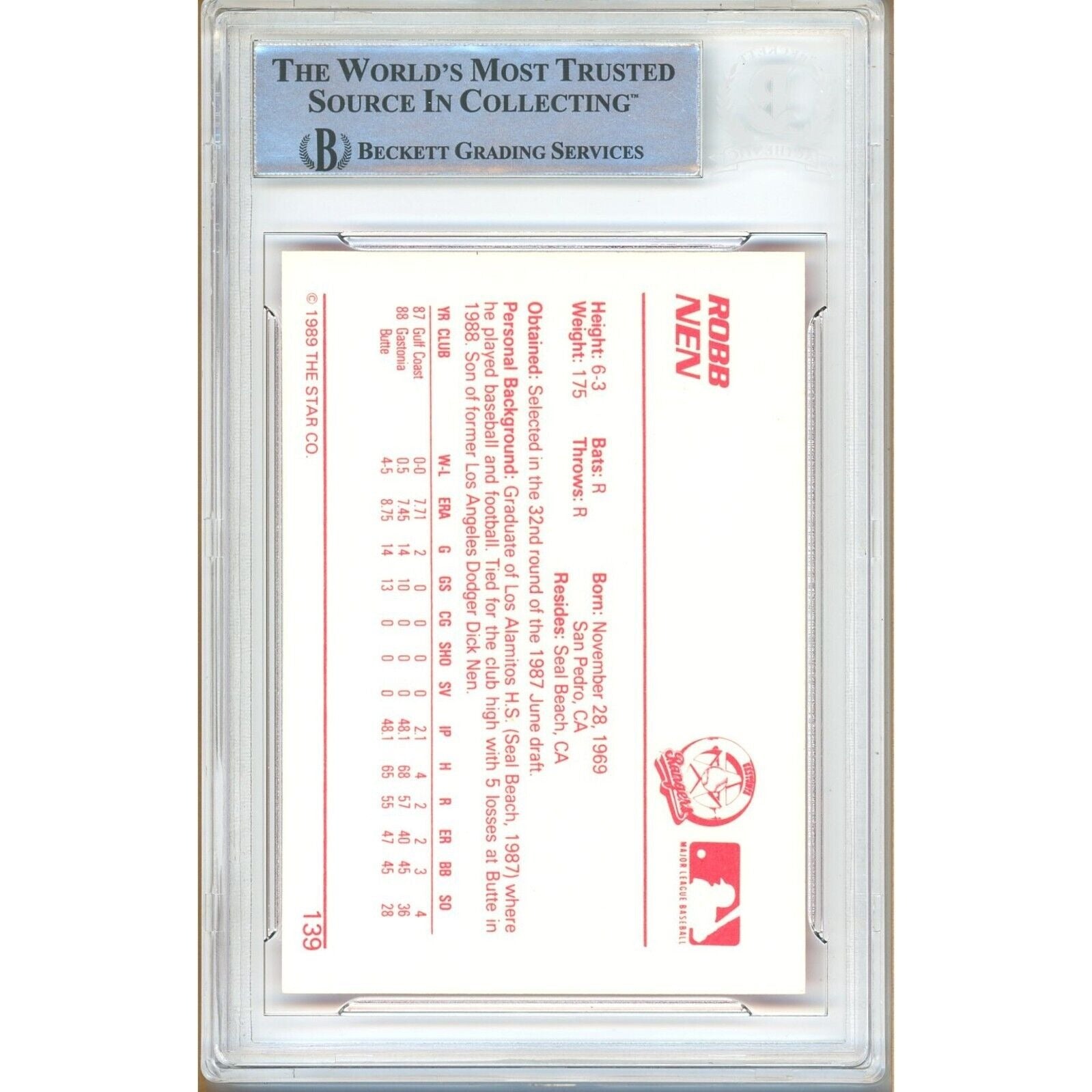 Robb Nen Texas Rangers auto trading card – authentication sticker – Beckett COA