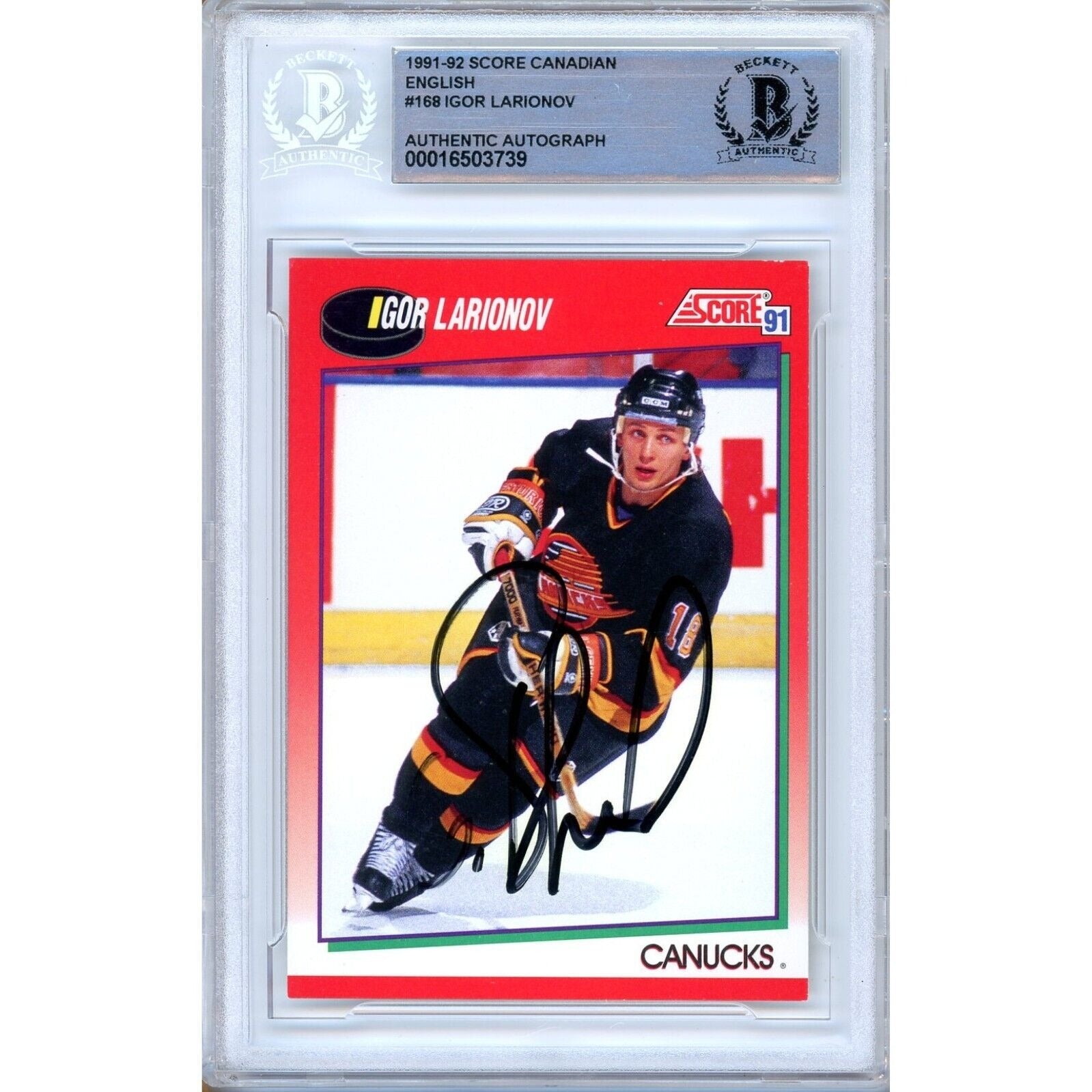 1991 Score #168 Igor Larionov Vancouver Canucks Autographed Trading Card – Beckett BAS