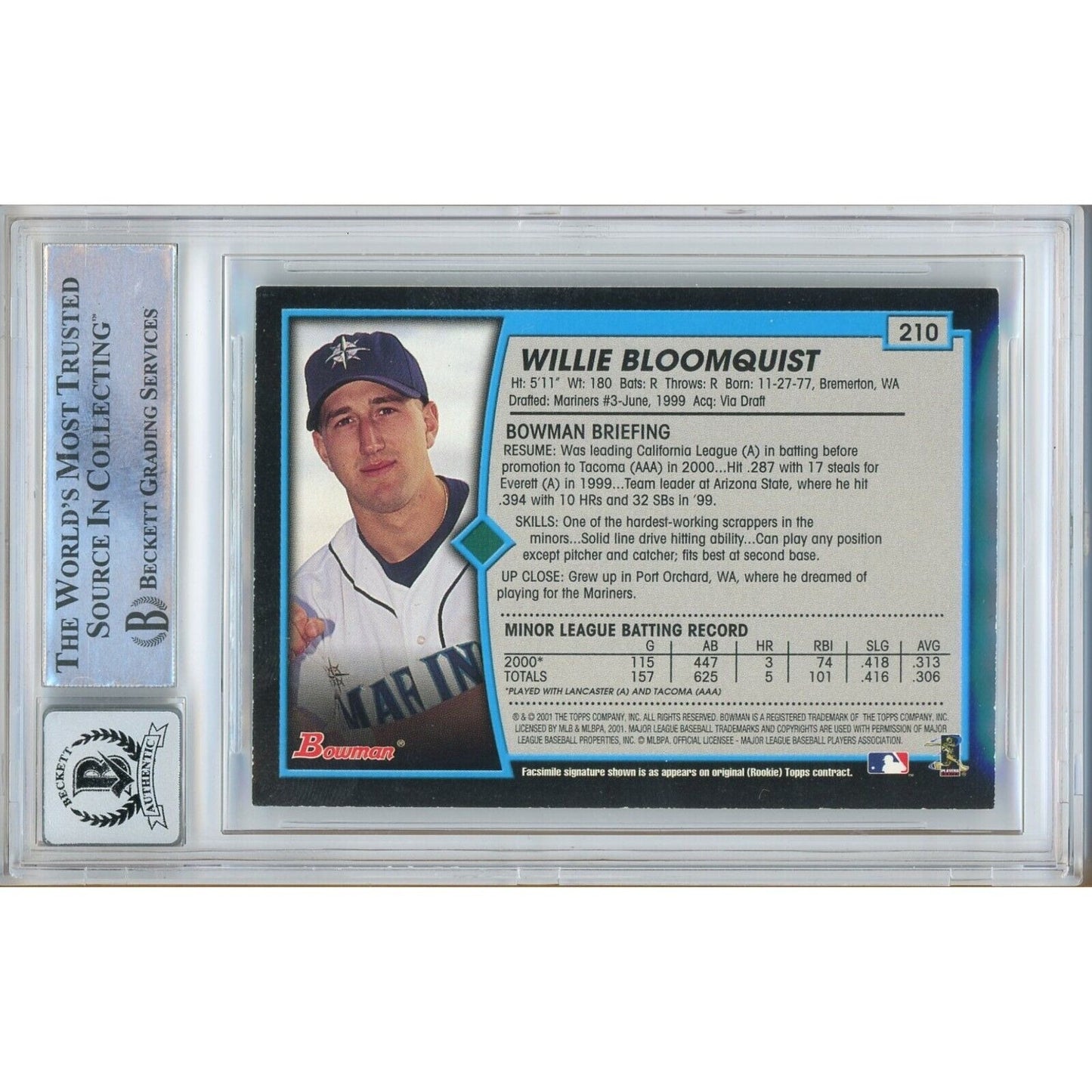 Baseballs- Autographed- Willie Bloomquist Seattle Mariners Signed 2001 Bowman Trading Card Beckett Authentic BGS Auto-10 Graded Slab Back
