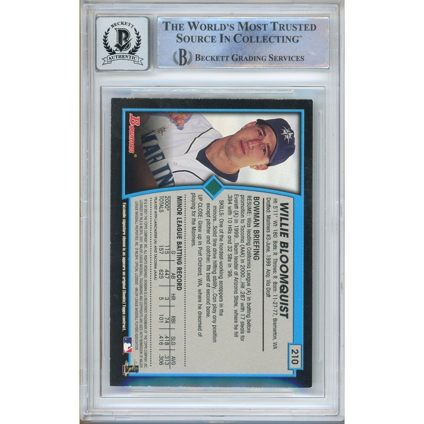 Baseballs- Autographed- Willie Bloomquist Seattle Mariners Signed 2001 Bowman Trading Card Beckett Authenticated BGS Auto-10 Graded Slab Back