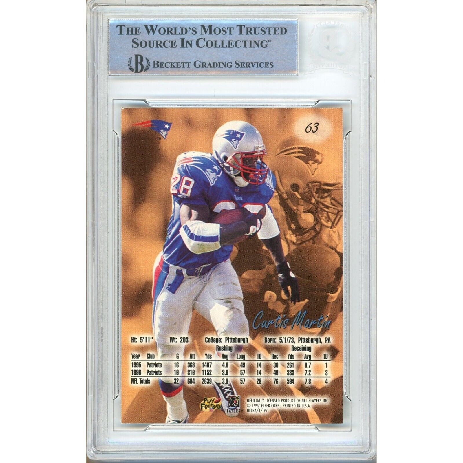 1997 Fleer #63 Curtis Martin New England Patriots Signed Trading Card – Beckett BAS