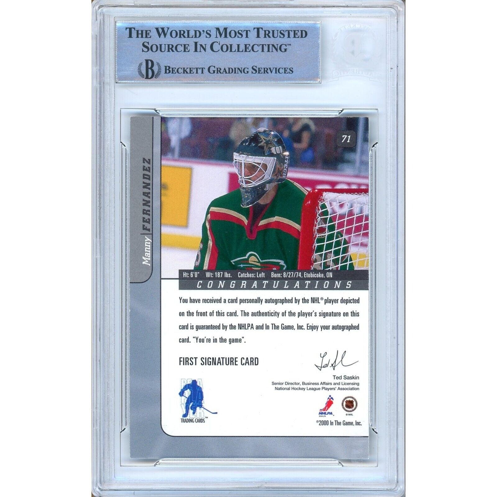 Manny Fernandez Minnesota Wild signed trading card – signature close-up – Beckett COA