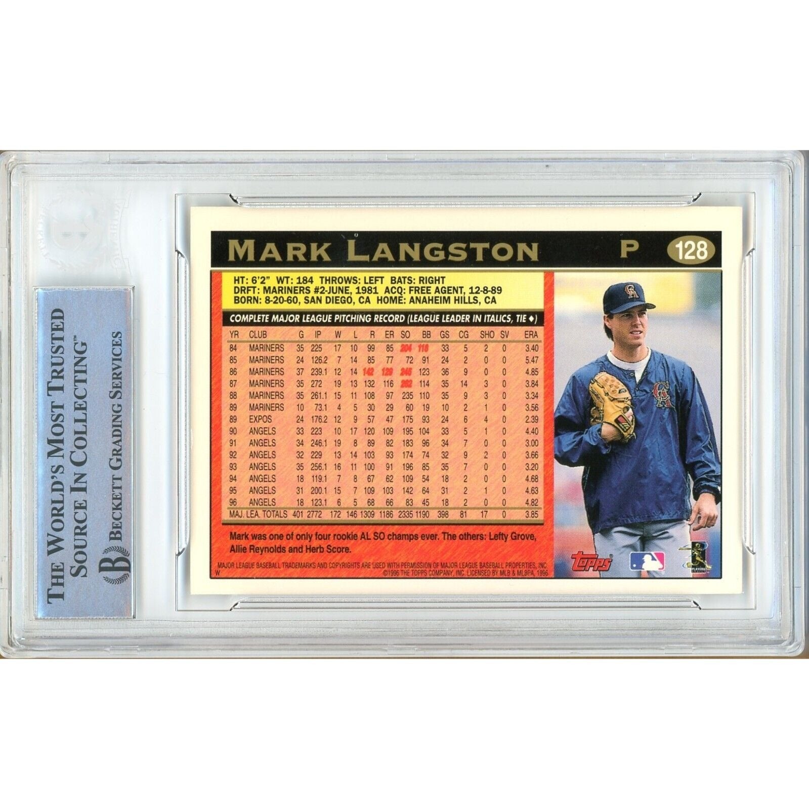 Mark Langston La Angels signed trading card – signature close-up – Beckett COA