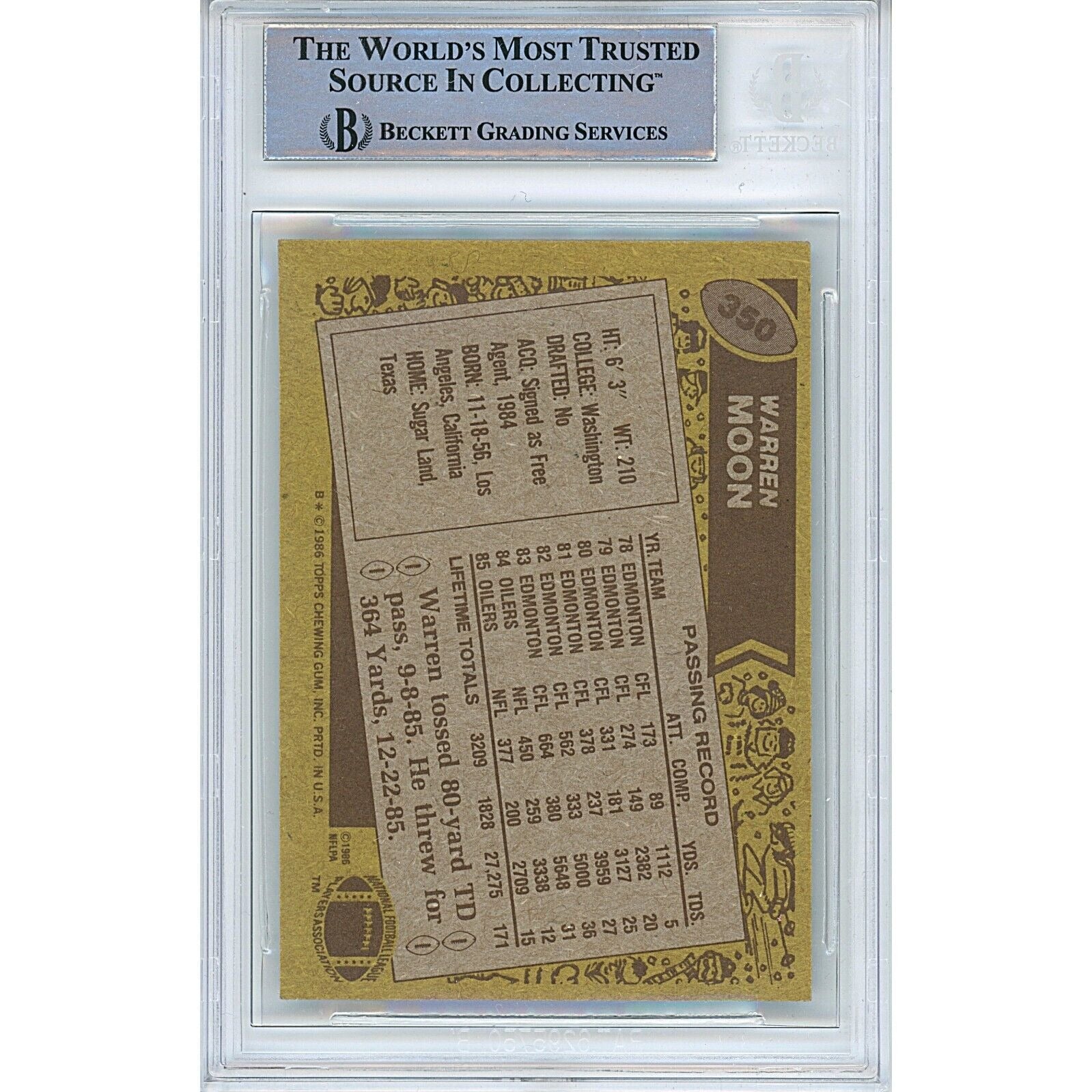 Warren Moon Houston Oilers auto trading card – authentication sticker – Beckett COA