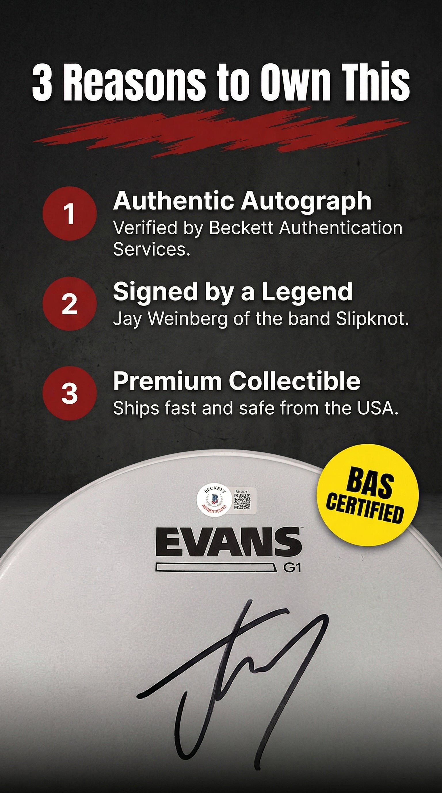 Jay Weinberg Of Slipknot Autographed Evans G1 10 Inch Drum Head - Beckett Authentication