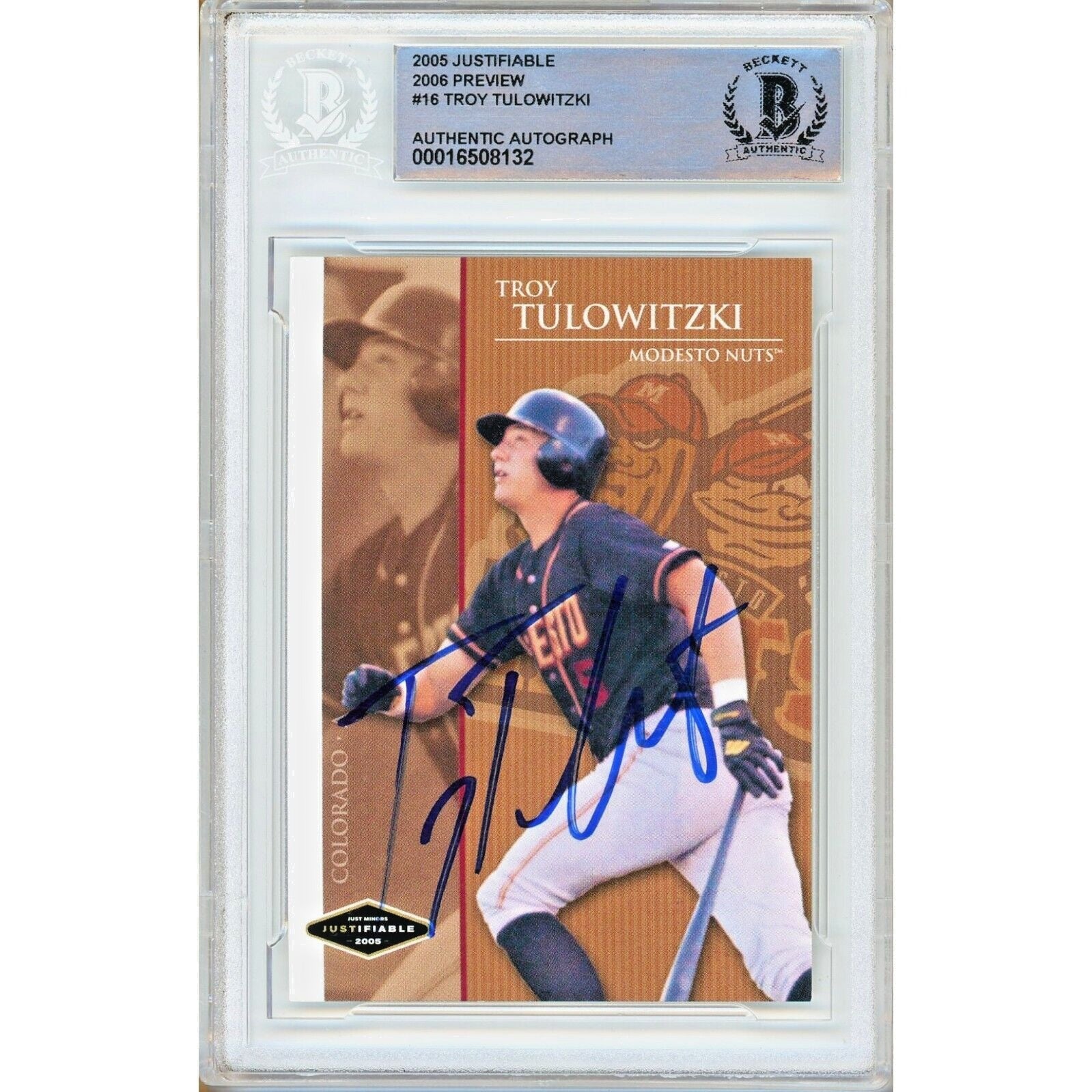 Troy Tulowitzki Colorado Rockies autographed trading card – full view – Beckett COA
