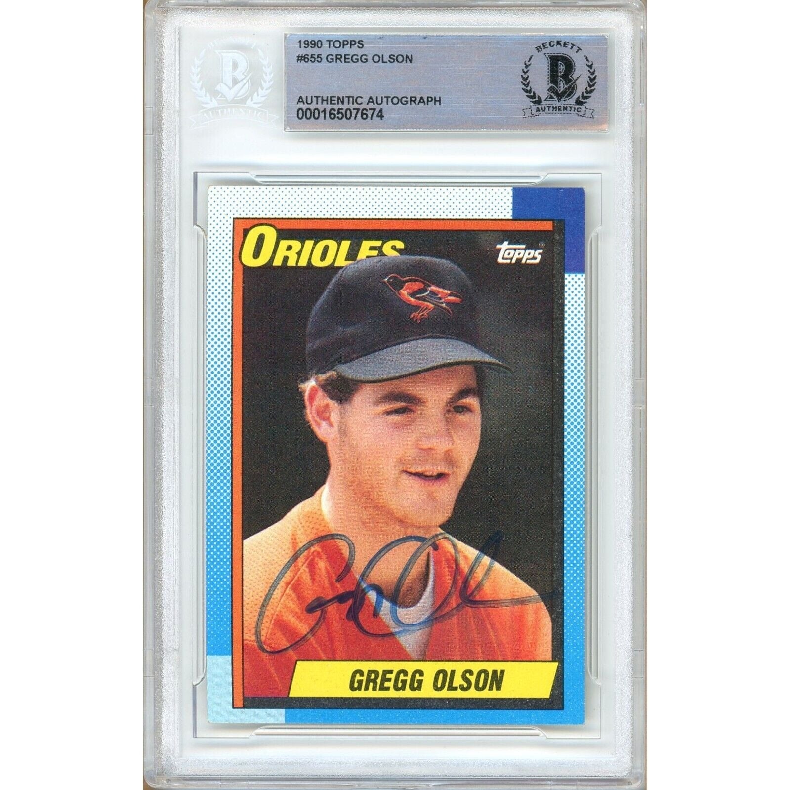 1990 Topps #655 Gregg Olson Baltimore Orioles Autographed Trading Card – Beckett BAS