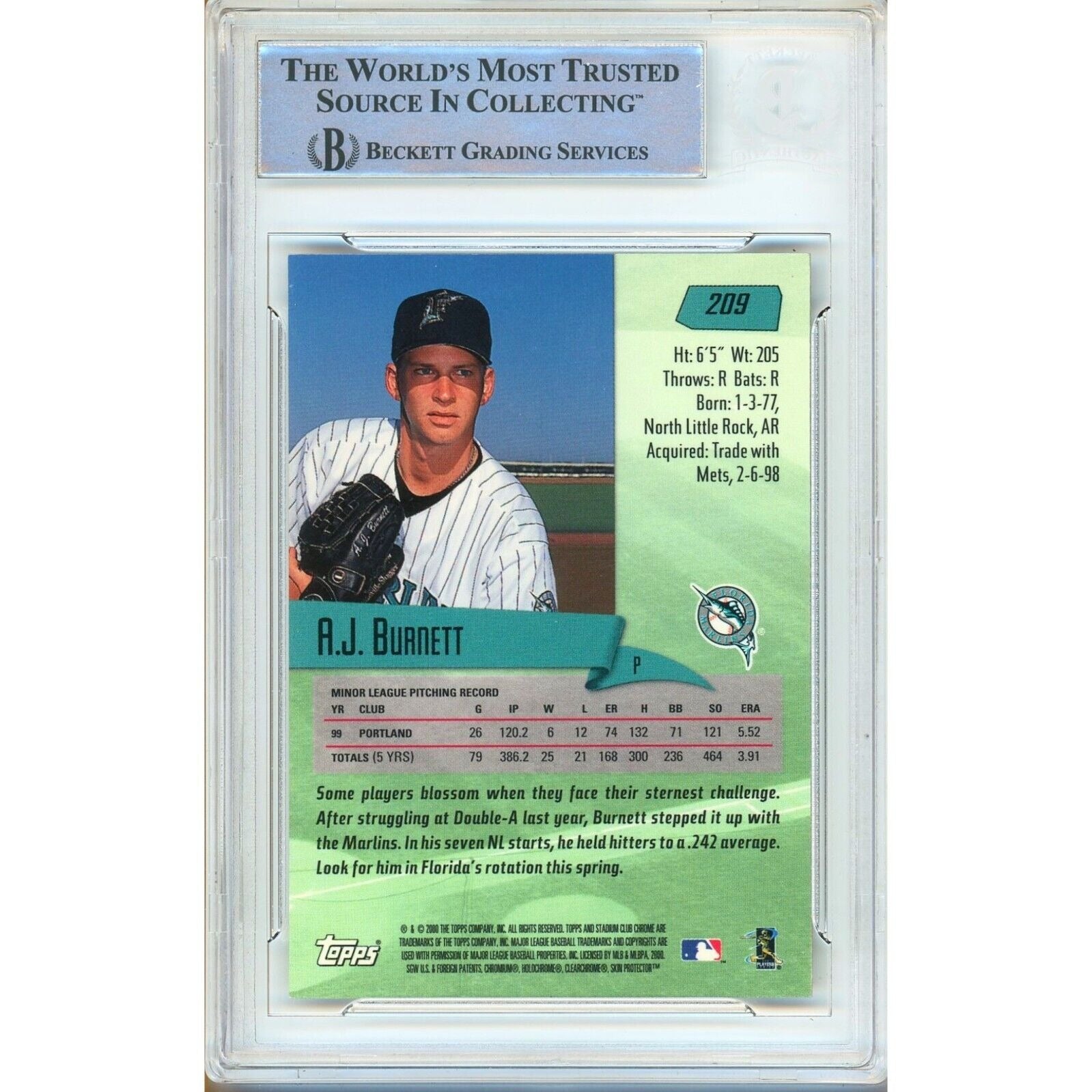 2000 Stadium Club AJ Burnett Miami Marlins Signed Trading Card – Beckett BAS