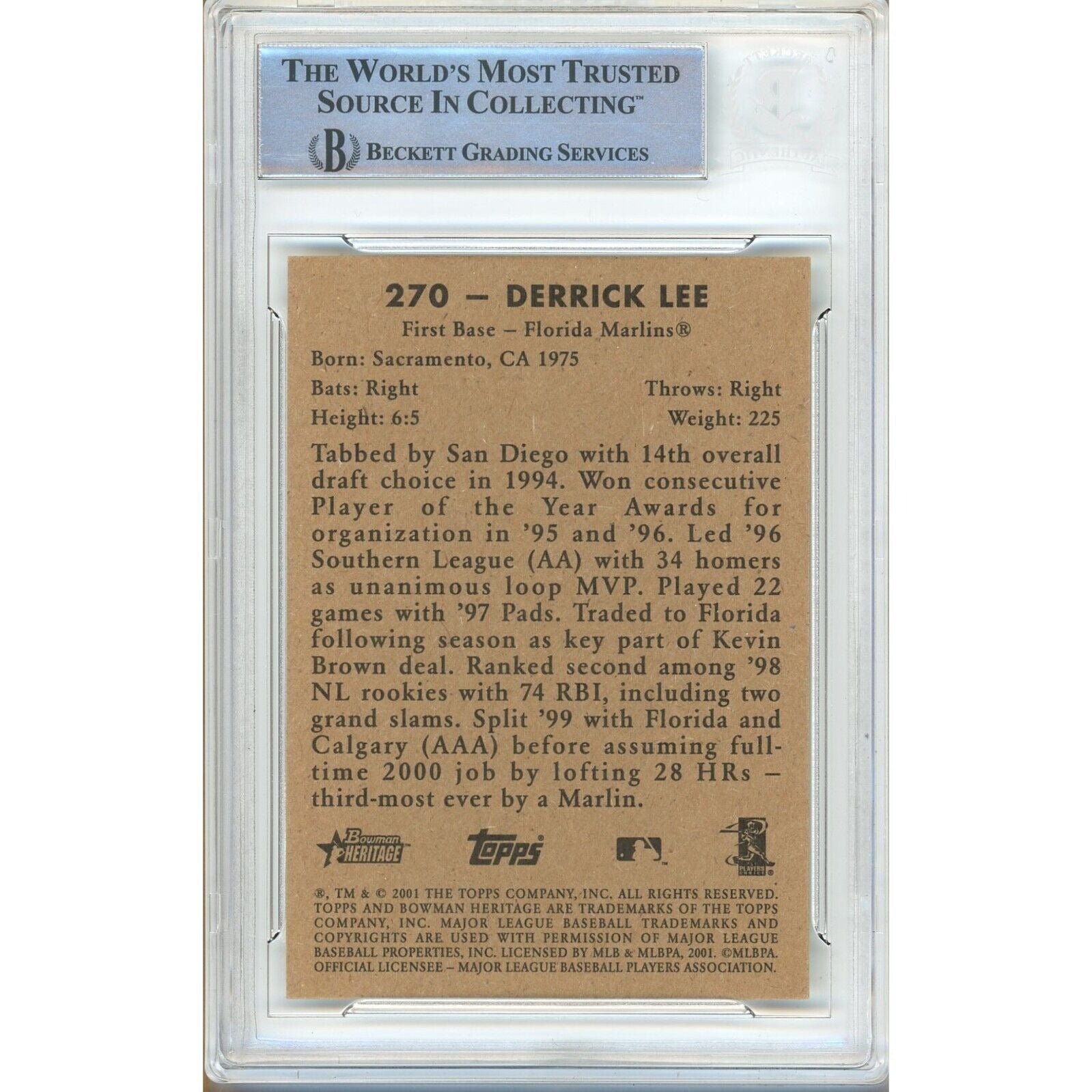 Derrek Lee Miami Marlins signed trading card – signature close-up – Beckett COA