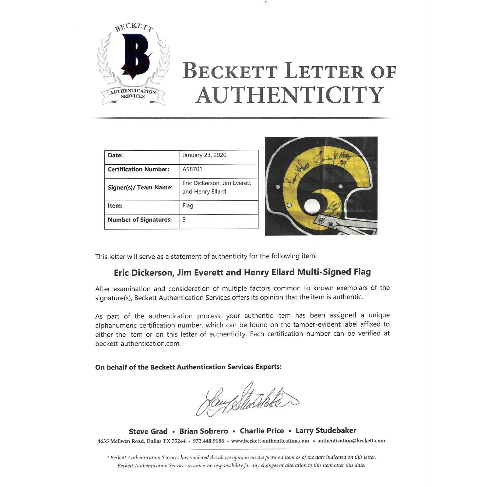 La Rams Legends Autographed Football Flag Signed Beckett BAS