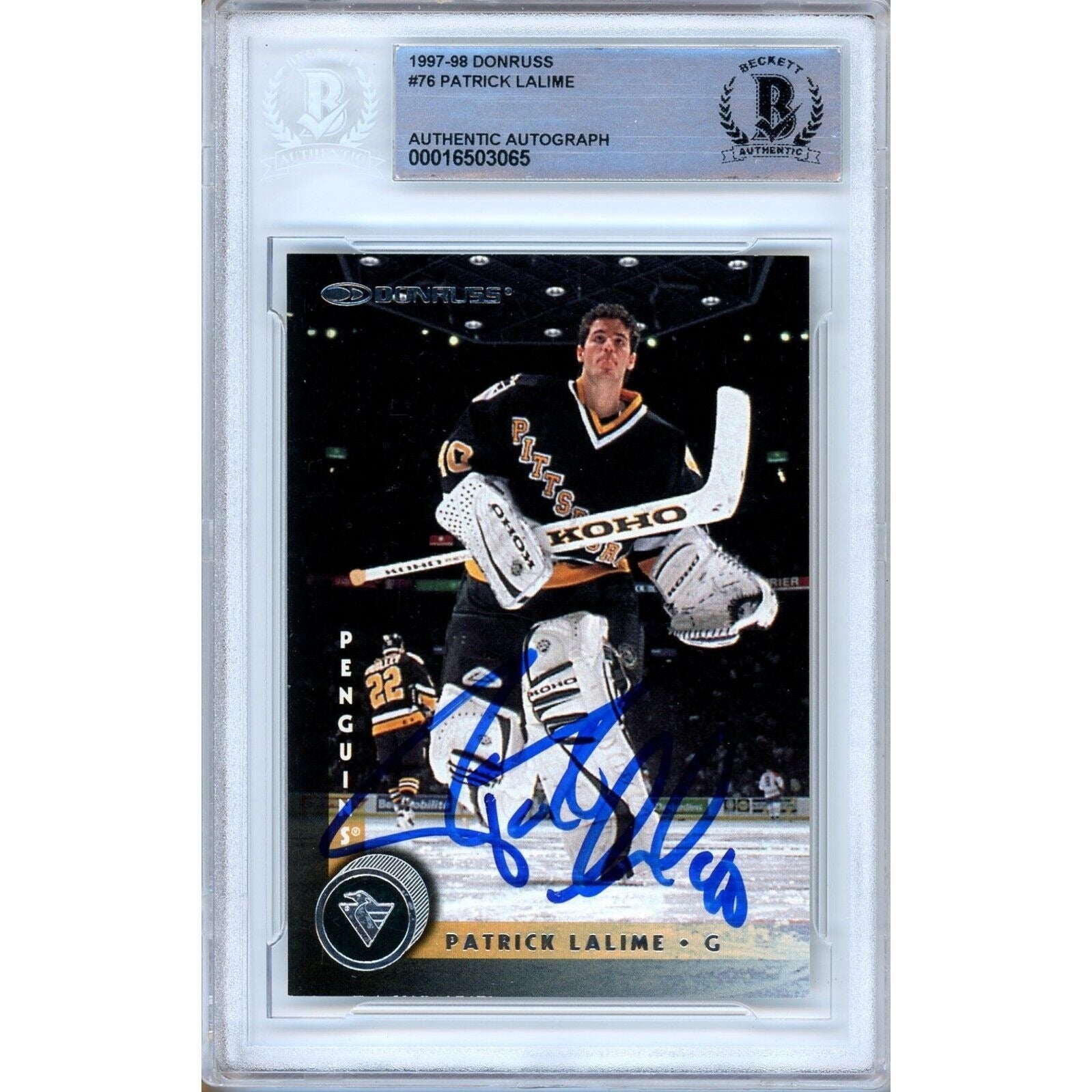 Patrick Lalime Pittsburgh Penguins autographed trading card – full view – Beckett COA