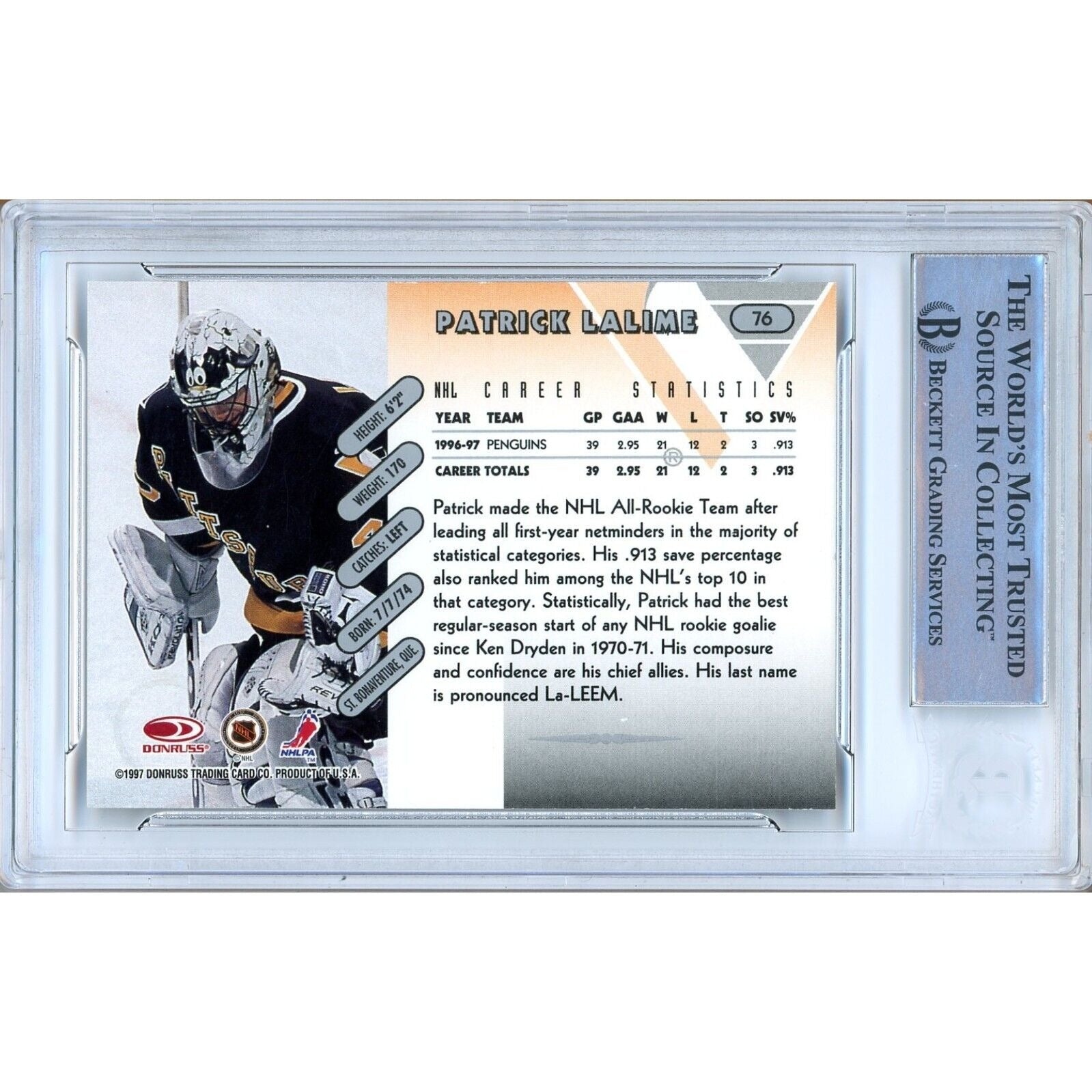 Patrick Lalime Pittsburgh Penguins Signed Trading Card Beckett BAS
