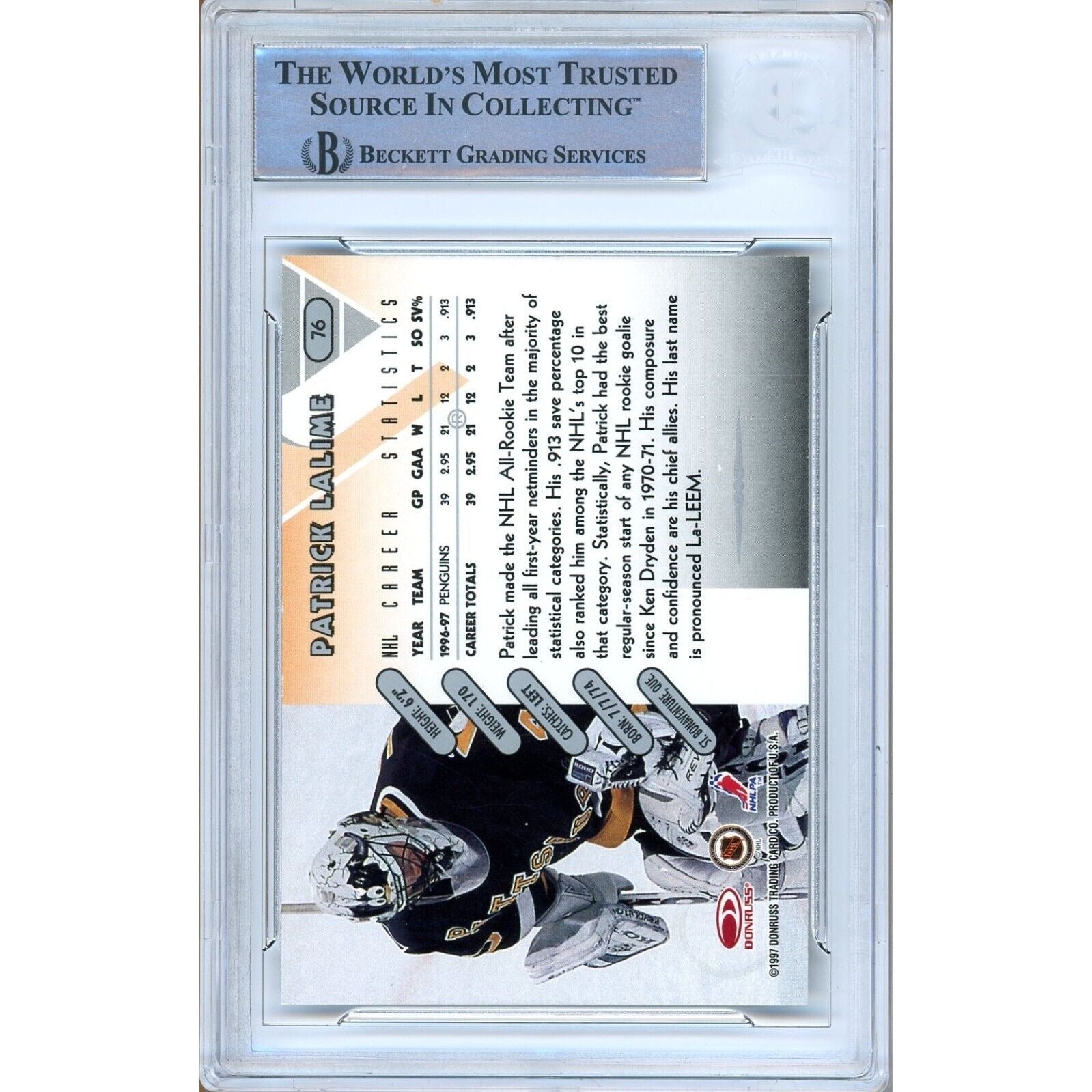 Patrick Lalime Pittsburgh Penguins auto trading card – authentication sticker – Beckett COA