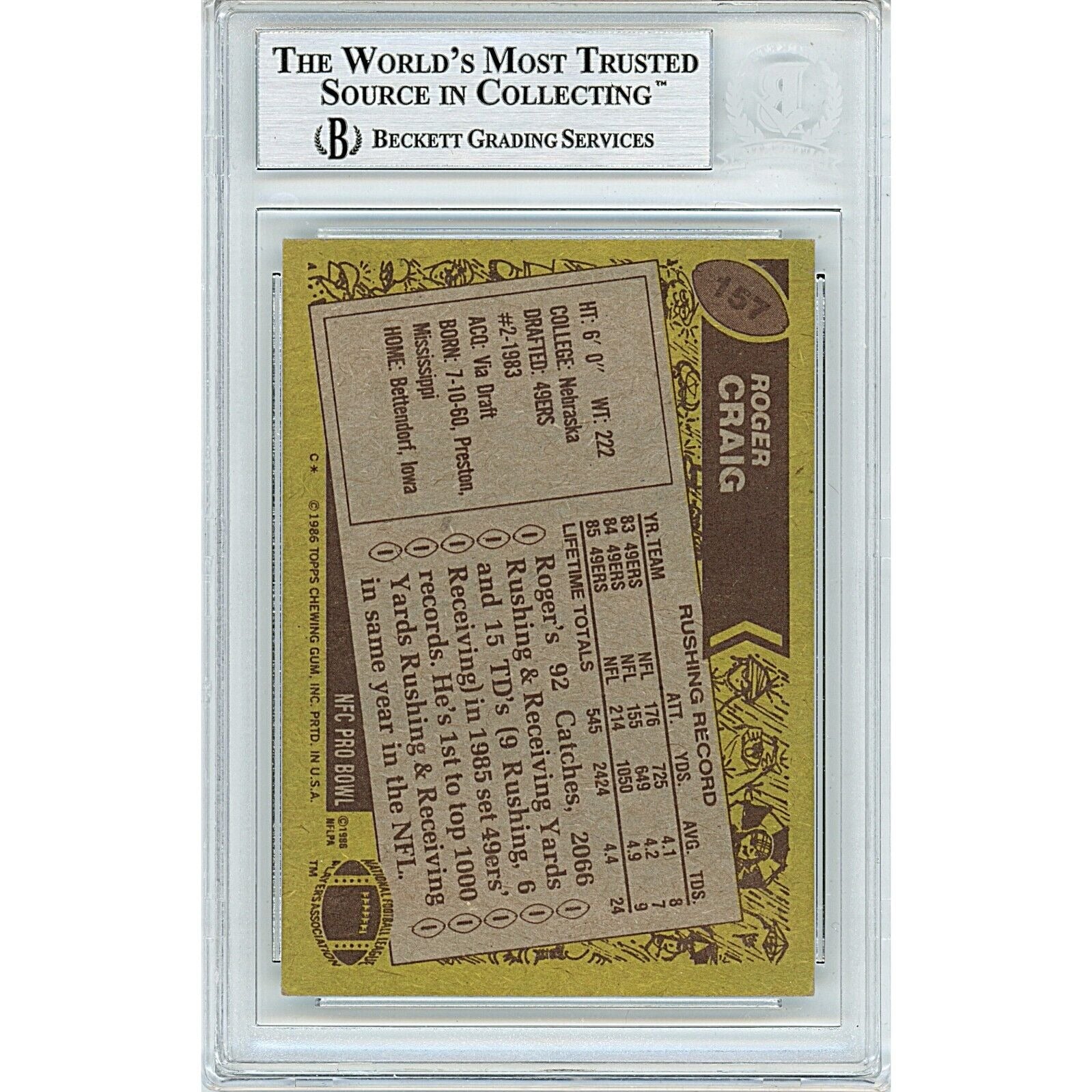 Roger Craig San Francisco 49Ers auto trading card – authentication sticker – Beckett COA