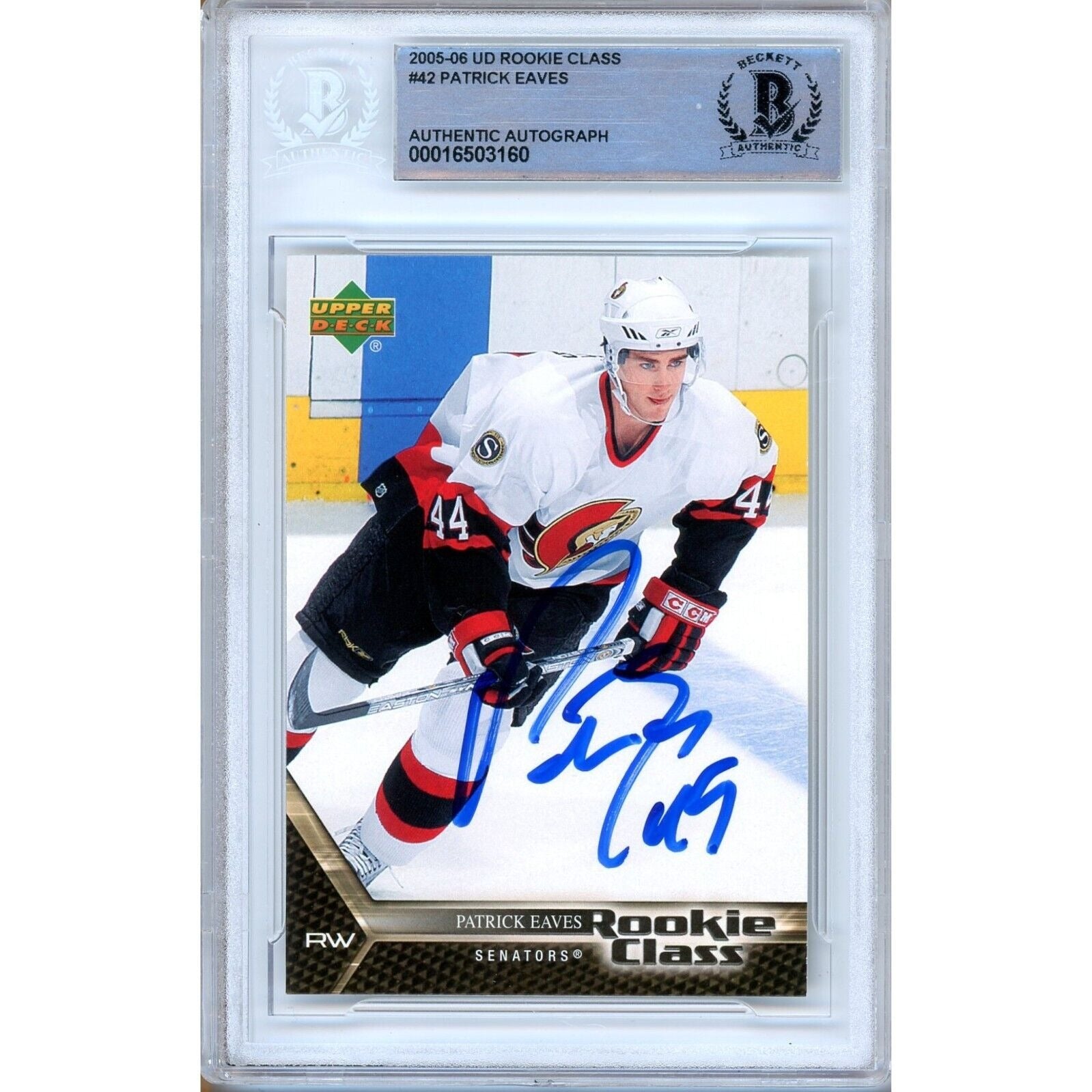 Patrick Eaves Senators autographed trading card – full view – Beckett COA