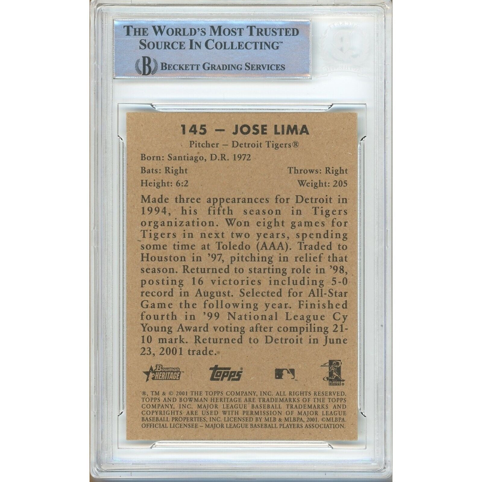 2001 Bowman #145 Jose Lima Detroit Los Angeles Dodgers Signed Trading Card – Beckett BAS