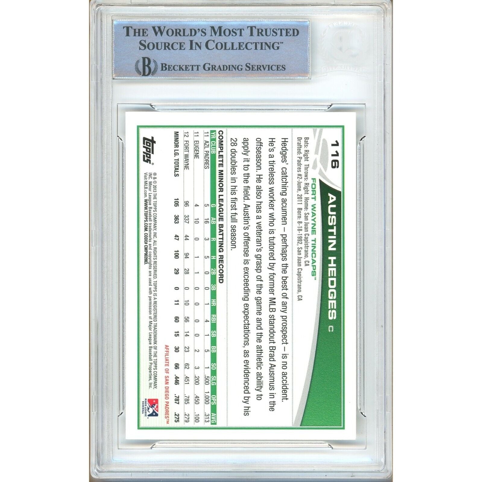 2013 Topps #116 Austin Hedges Cleveland Guardians Autograph Trading Card – Beckett BAS